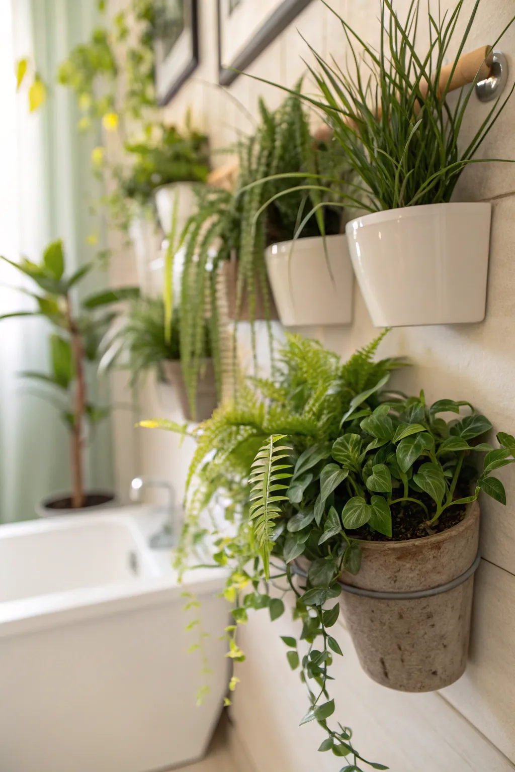 Potted wall plants in small pots enhancing bathroom decor.