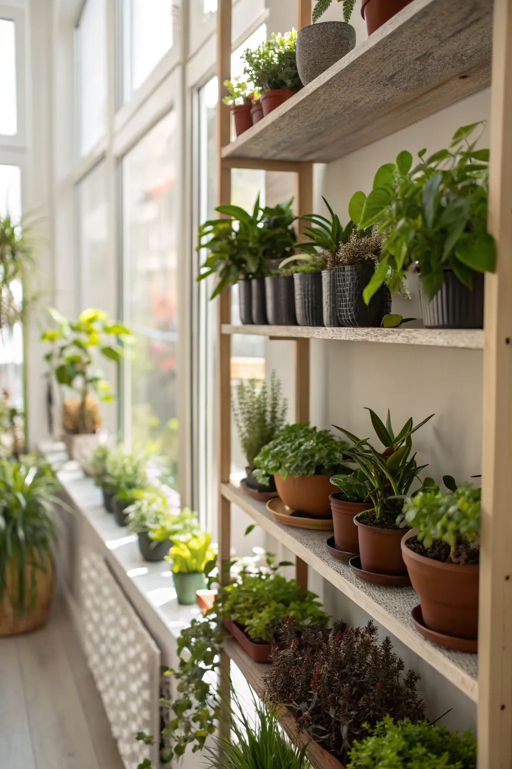 Indoor plant wall shelves showcasing various plants in a compact space.