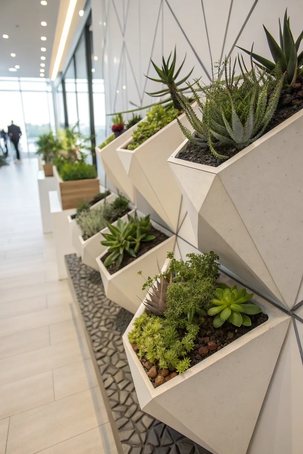 Geometric wall planters arranged in a modern display with plants.