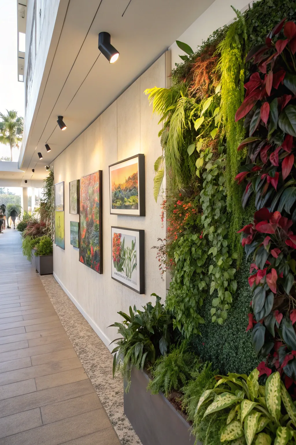A mixed media plant wall featuring artwork and mounted plants.