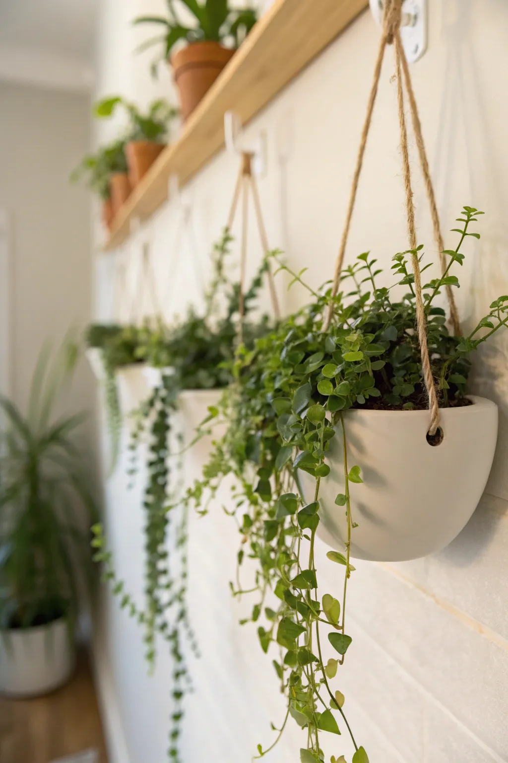 Small planters hanging from wall hooks, adding greenery to the decor.