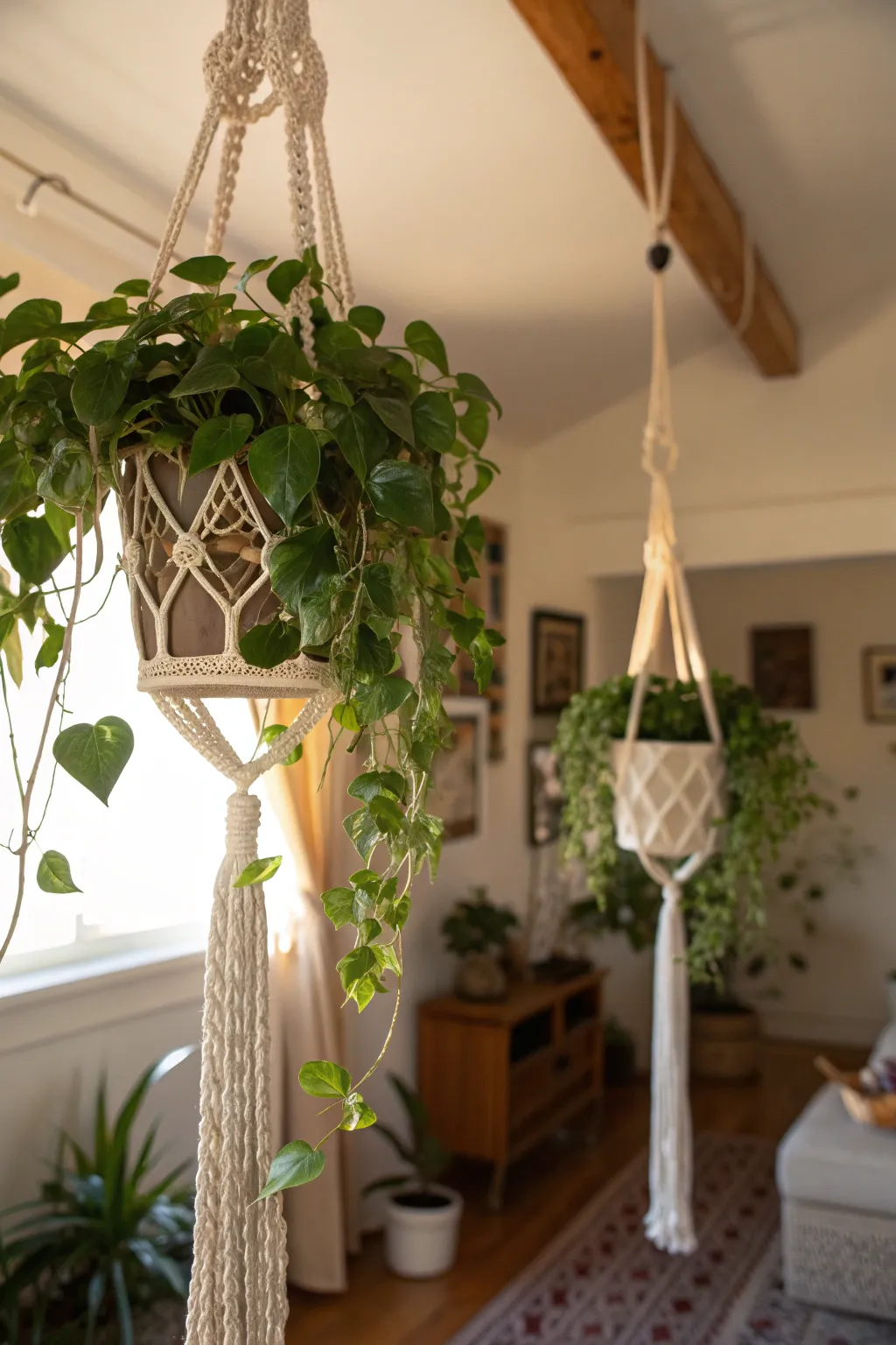 Hanging planter with macrame hangers and trailing plants in a cozy room.