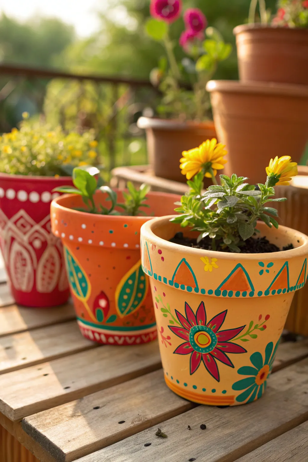 Terracotta pots with colorful paint designs on a rustic table.