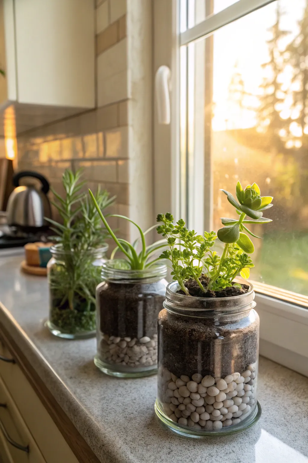 Glass jars filled with herbs and succulents on a sunlit kitchen windowsill.