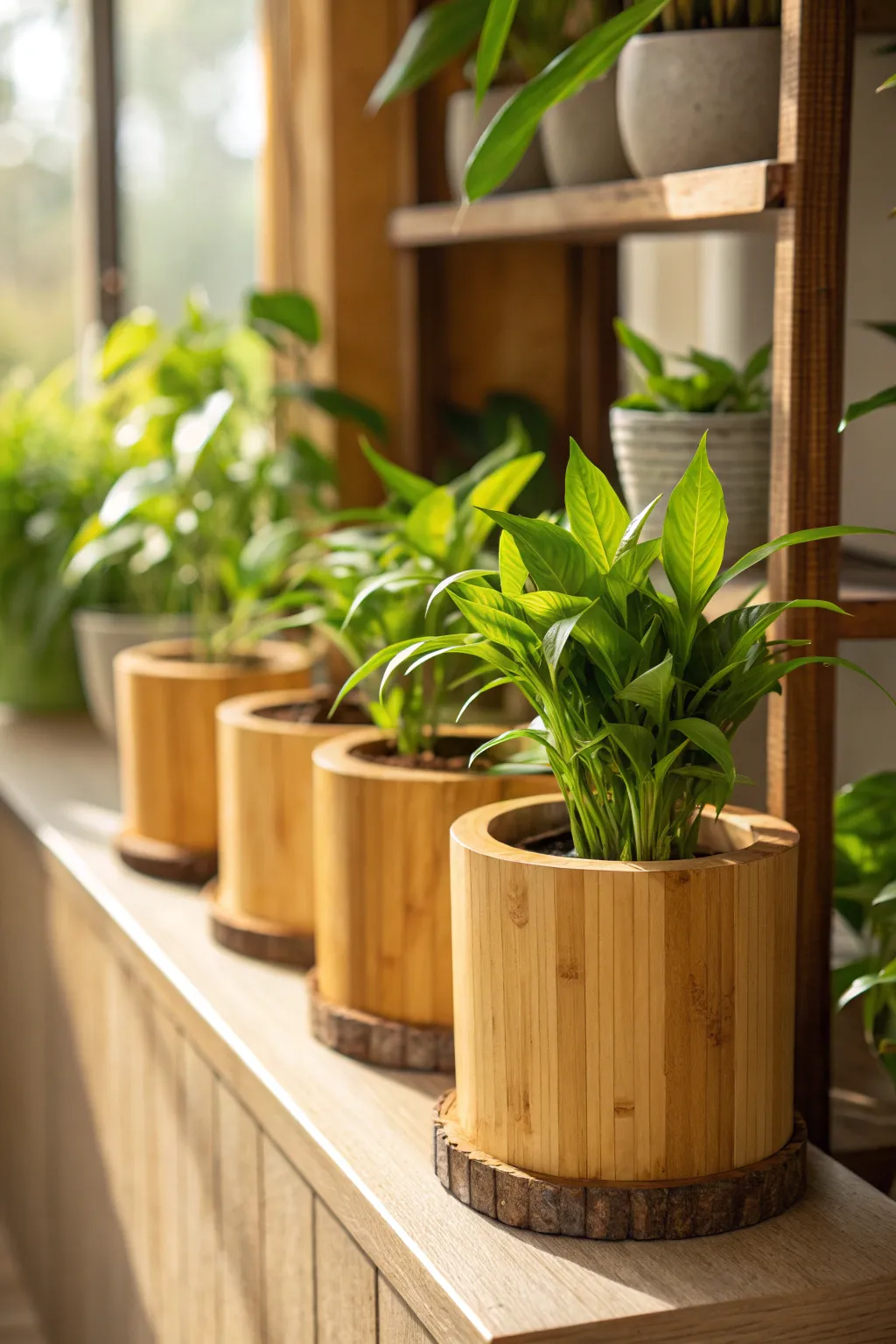 Bamboo planter pots filled with lush plants on a wooden shelf.