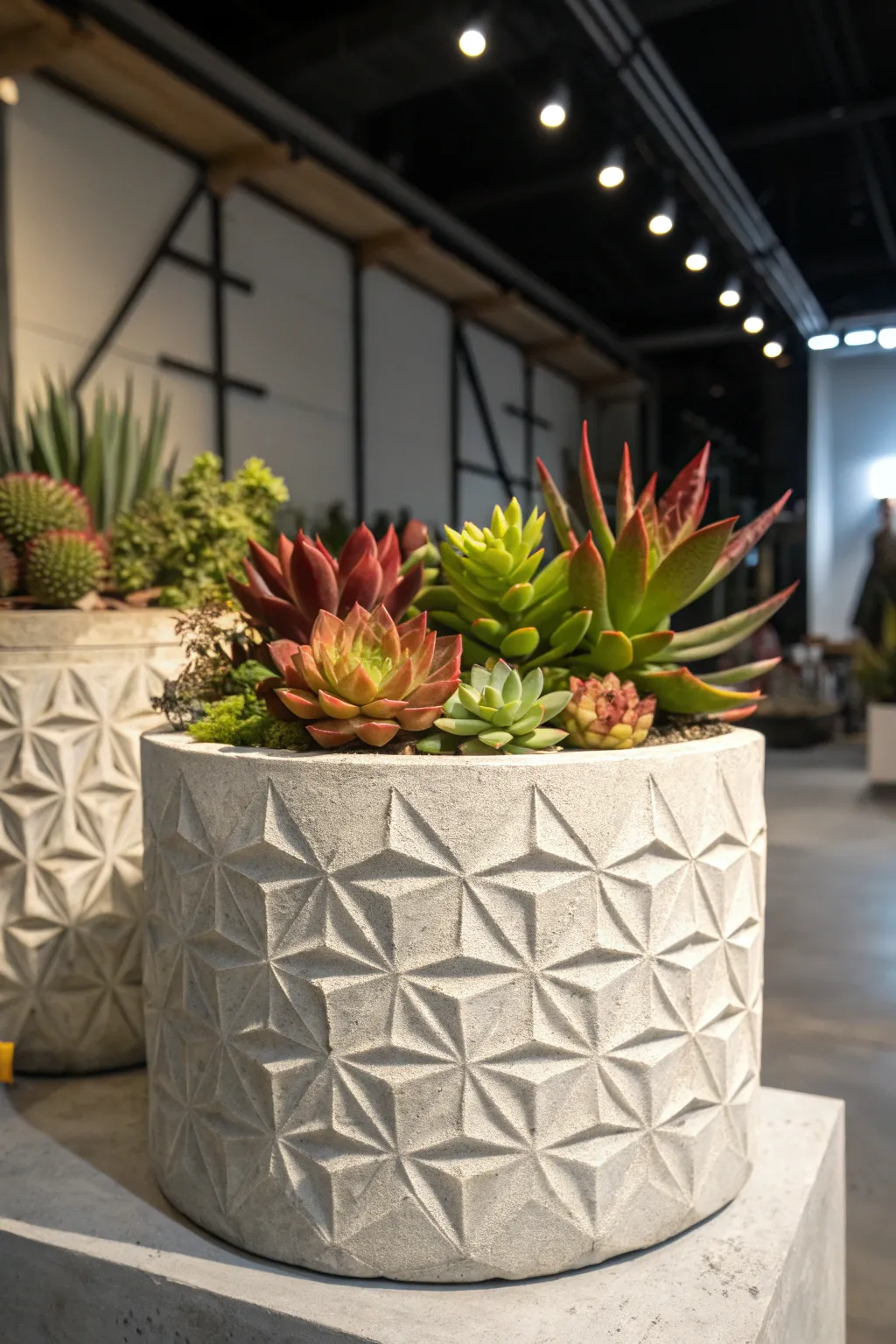 Cement planter with geometric patterns filled with colorful succulents.