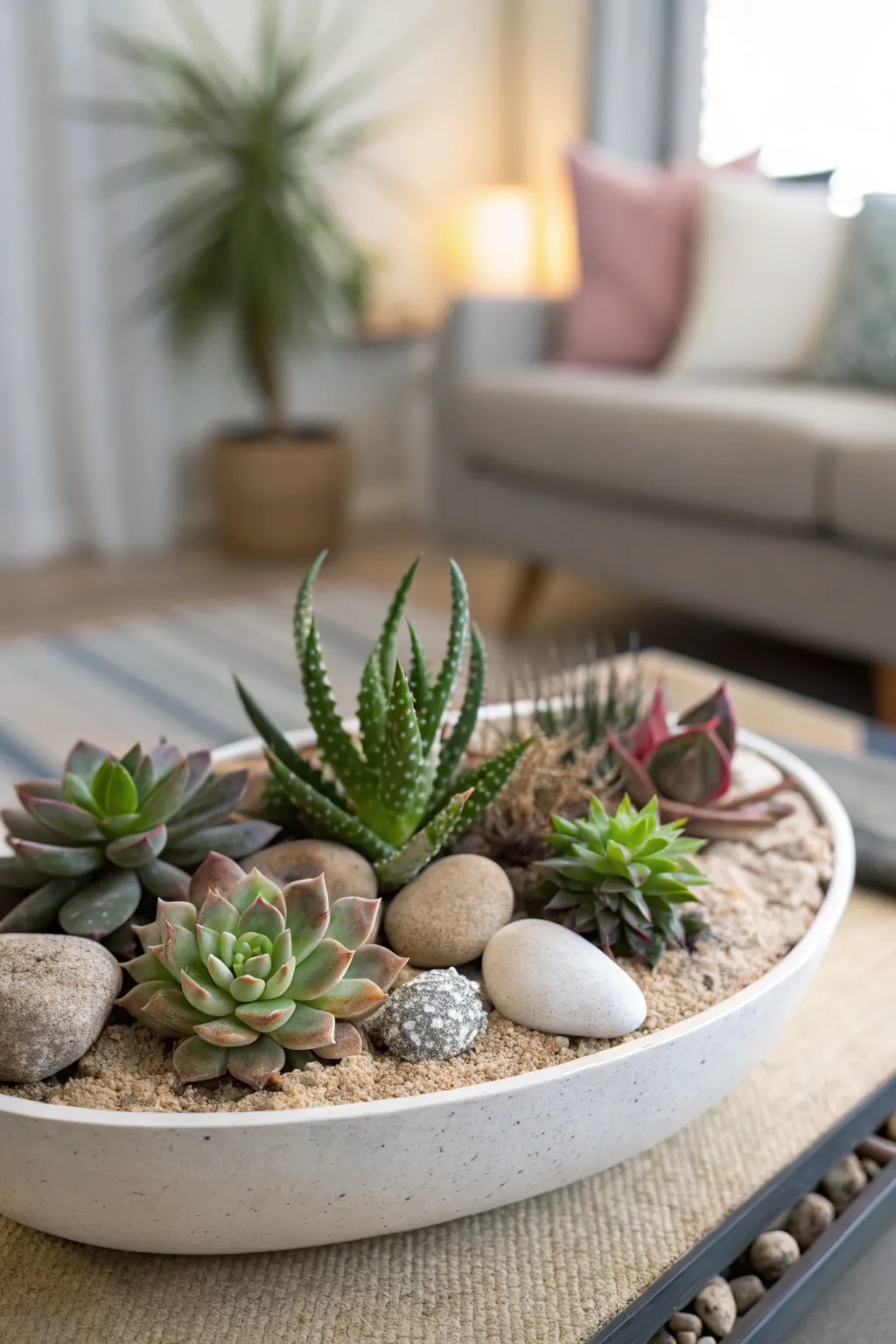Succulent garden arranged in a shallow dish with decorative stones.
