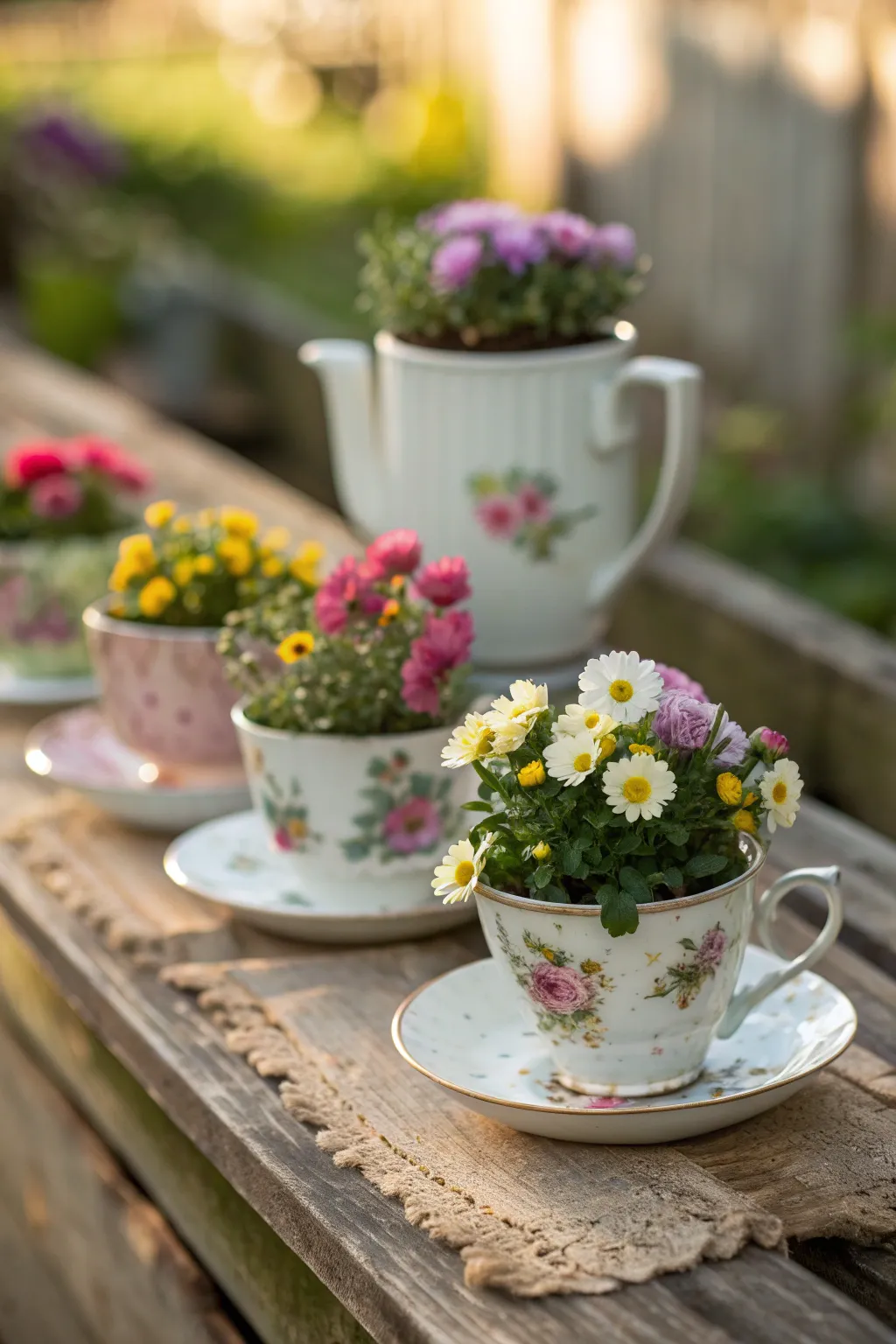 Vintage tea cups filled with flowers on a rustic wooden surface.