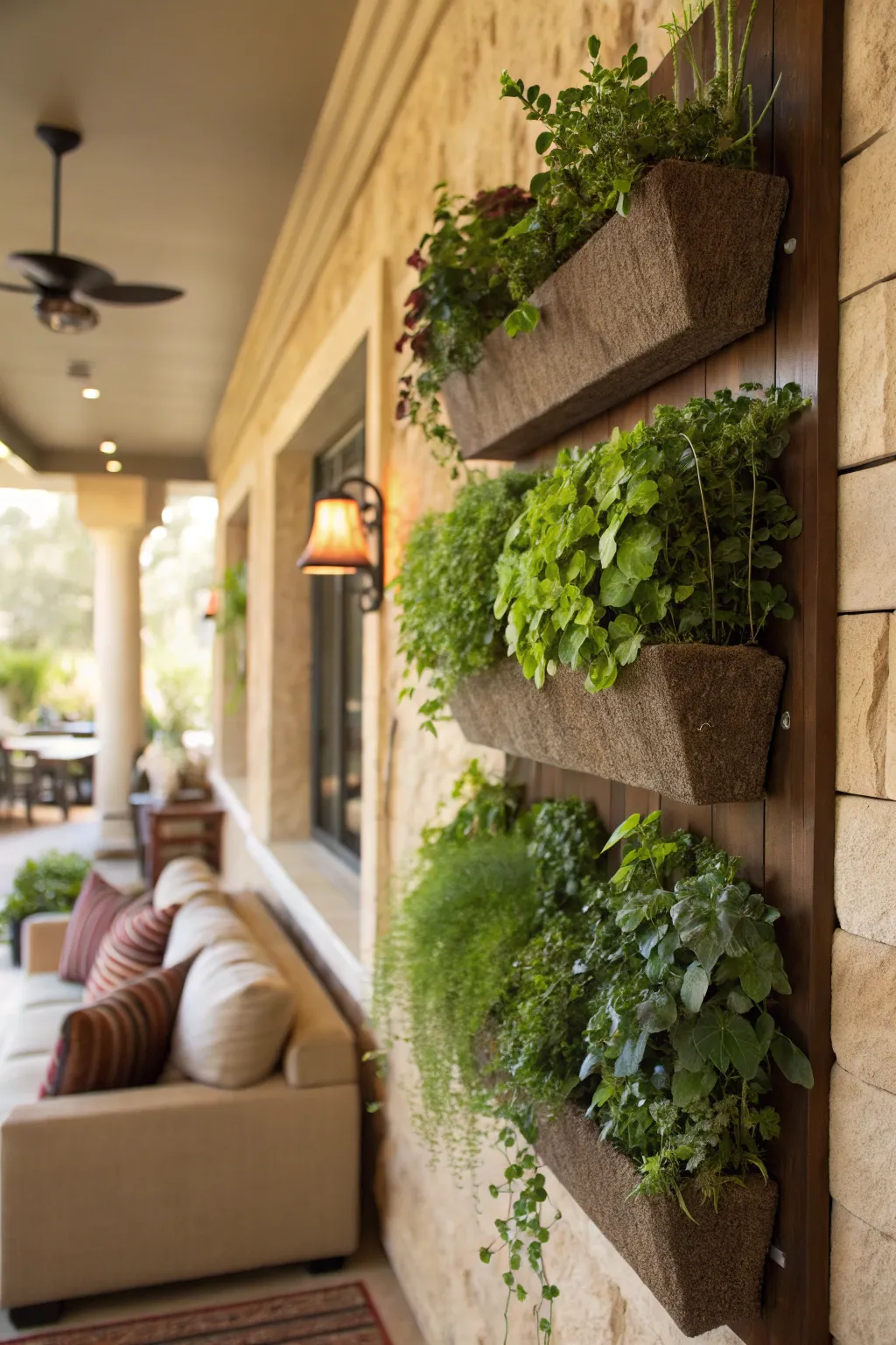 Wall-mounted planters filled with greenery on a textured wall.