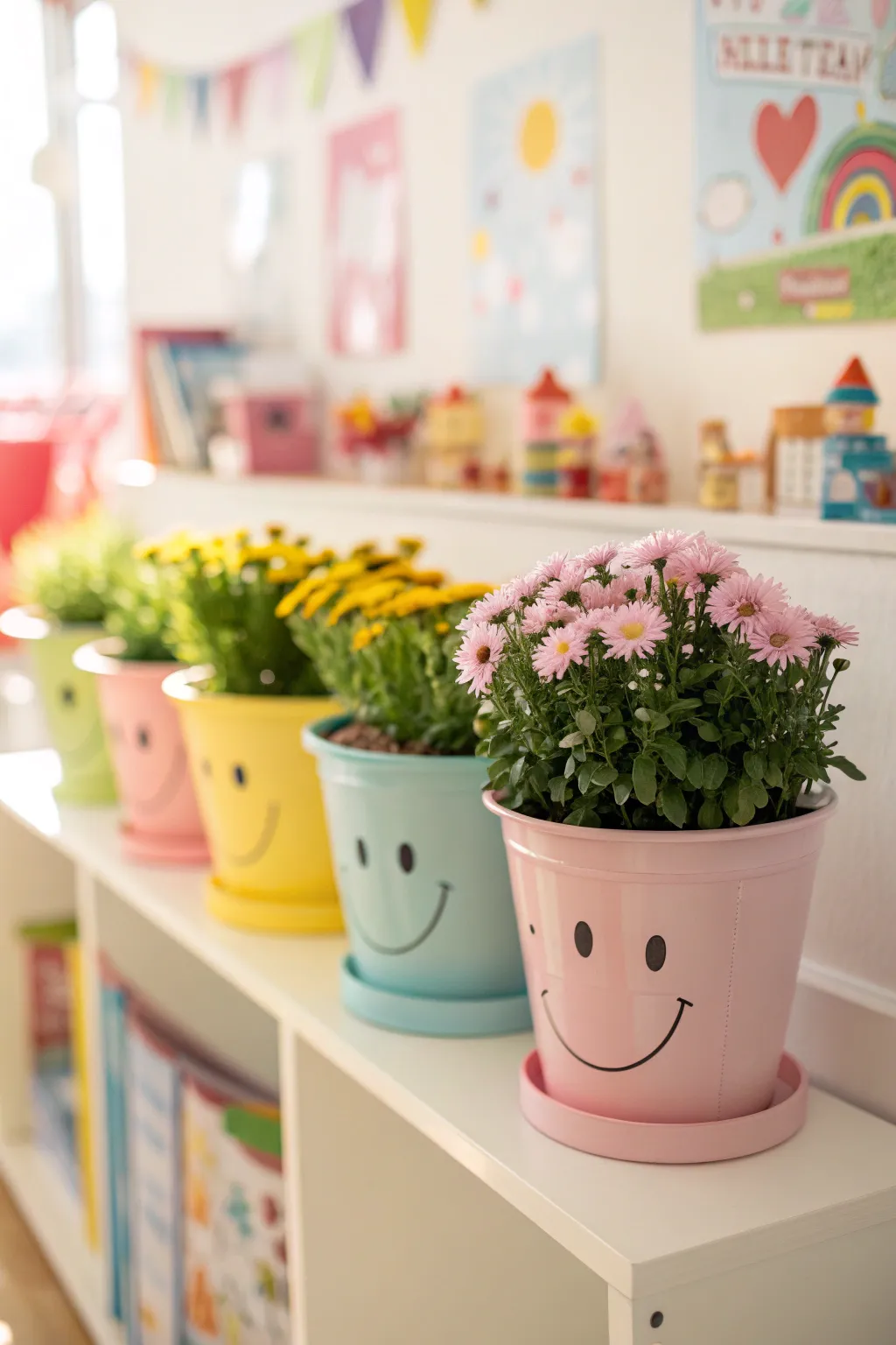 Colorful plastic pots filled with plants on a child's room shelf.