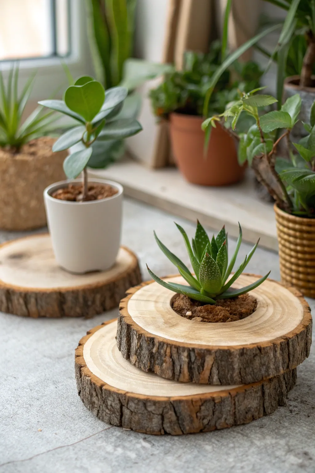 Wooden slices used as bases for potted plants on a textured surface.