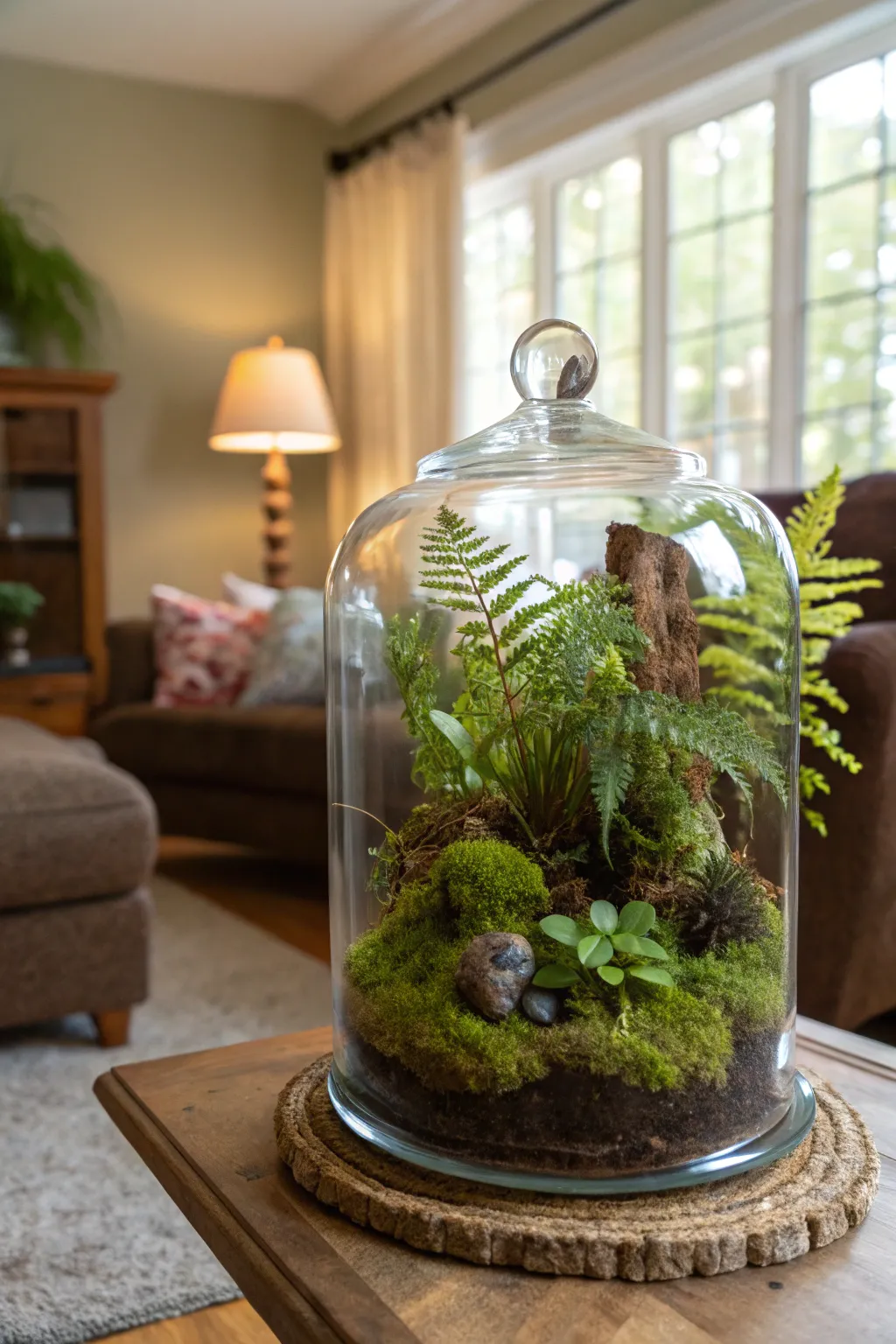 Glass terrarium with ferns and moss in a cozy living room setting.