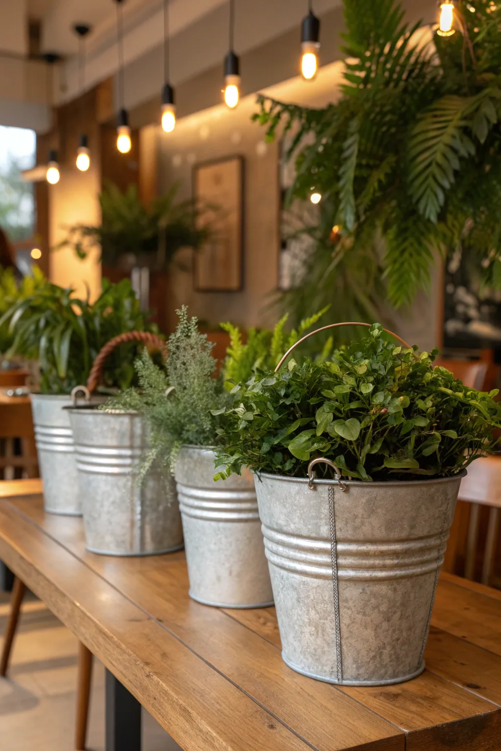 Decorative metal buckets filled with large indoor plants on a wooden table.