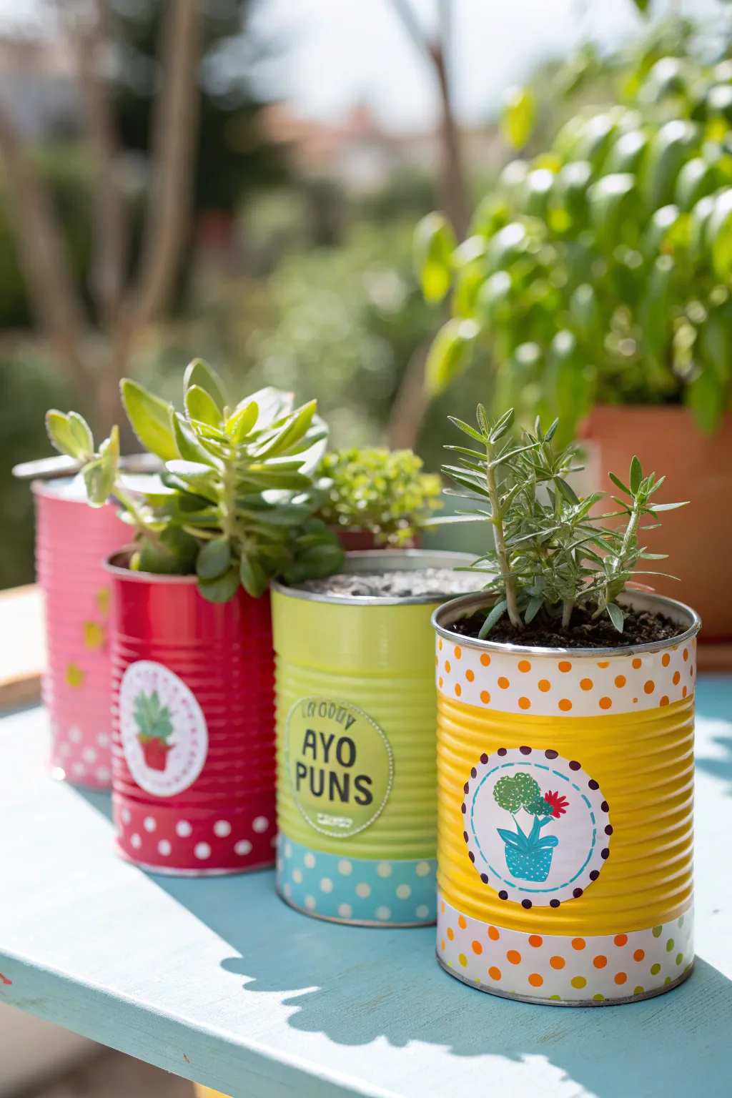 Colorful upcycled tin cans used as quirky planters on a bright surface.