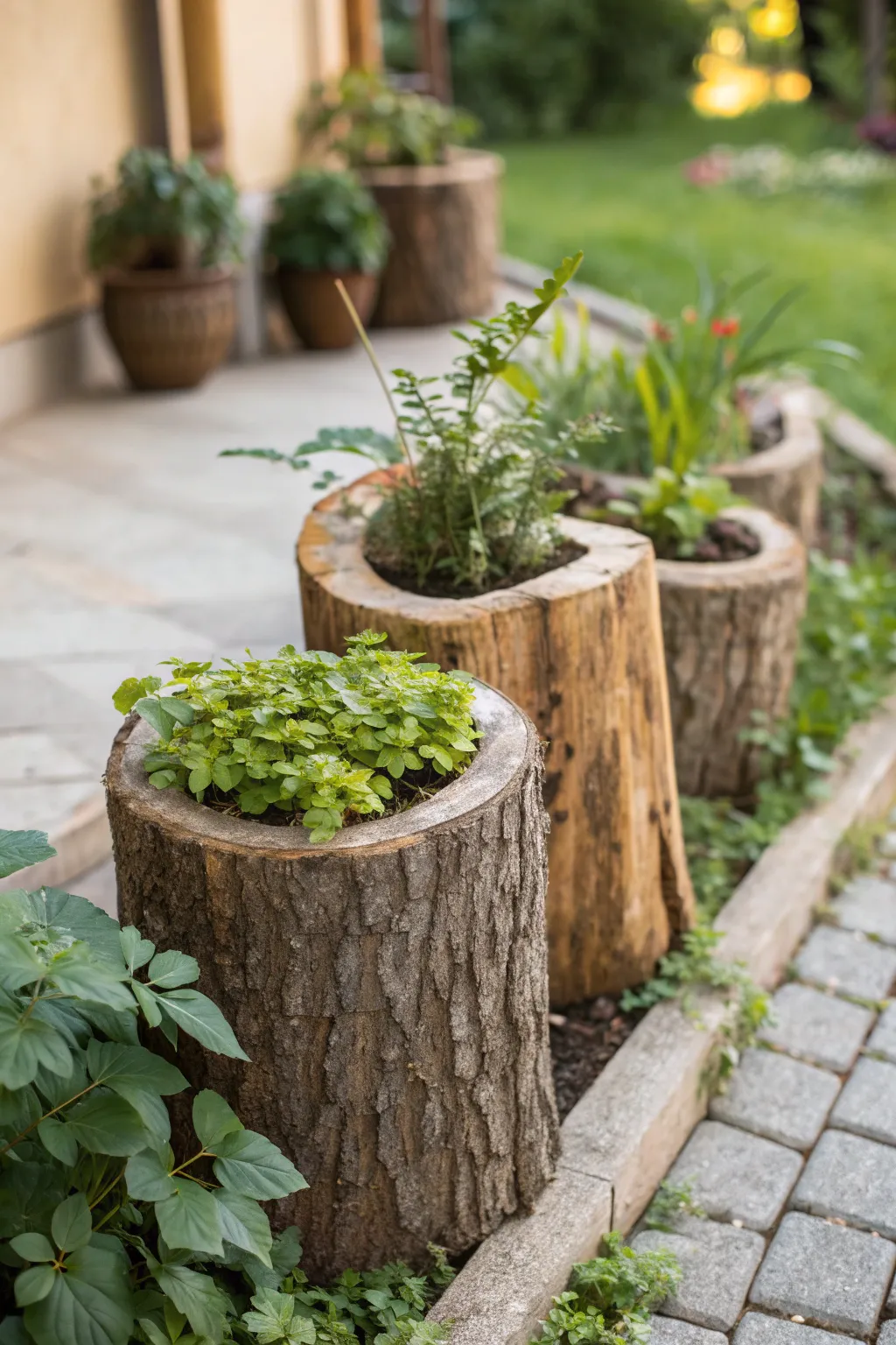 Hollowed logs filled with greenery used as rustic planters.