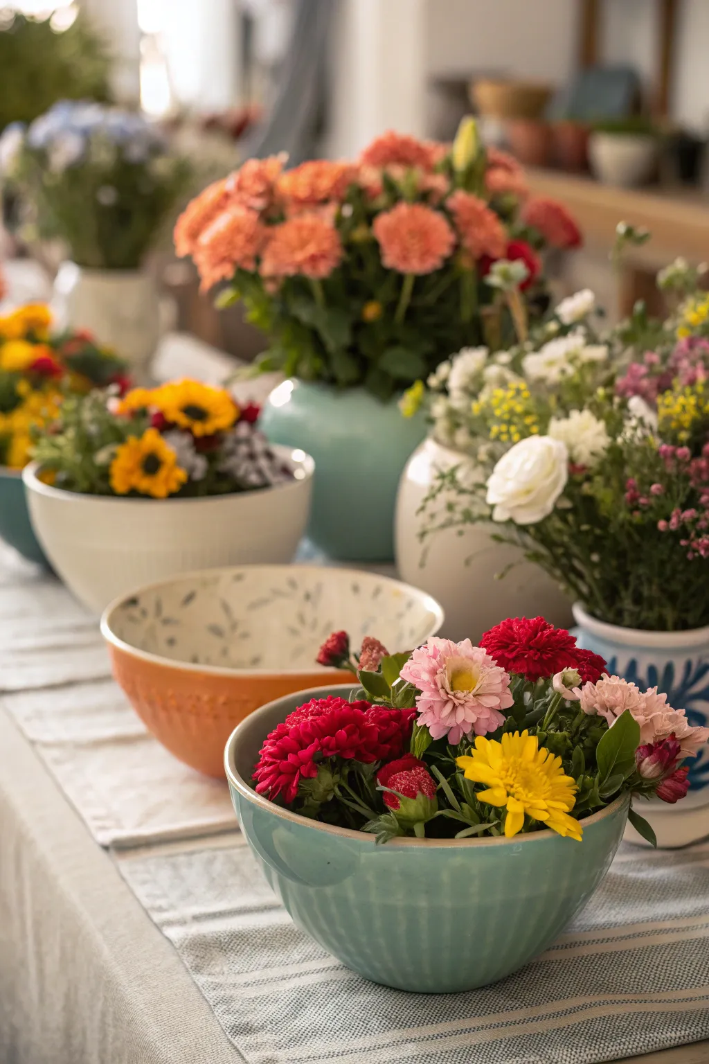 Ceramic bowls filled with flowers arranged on a textured table.