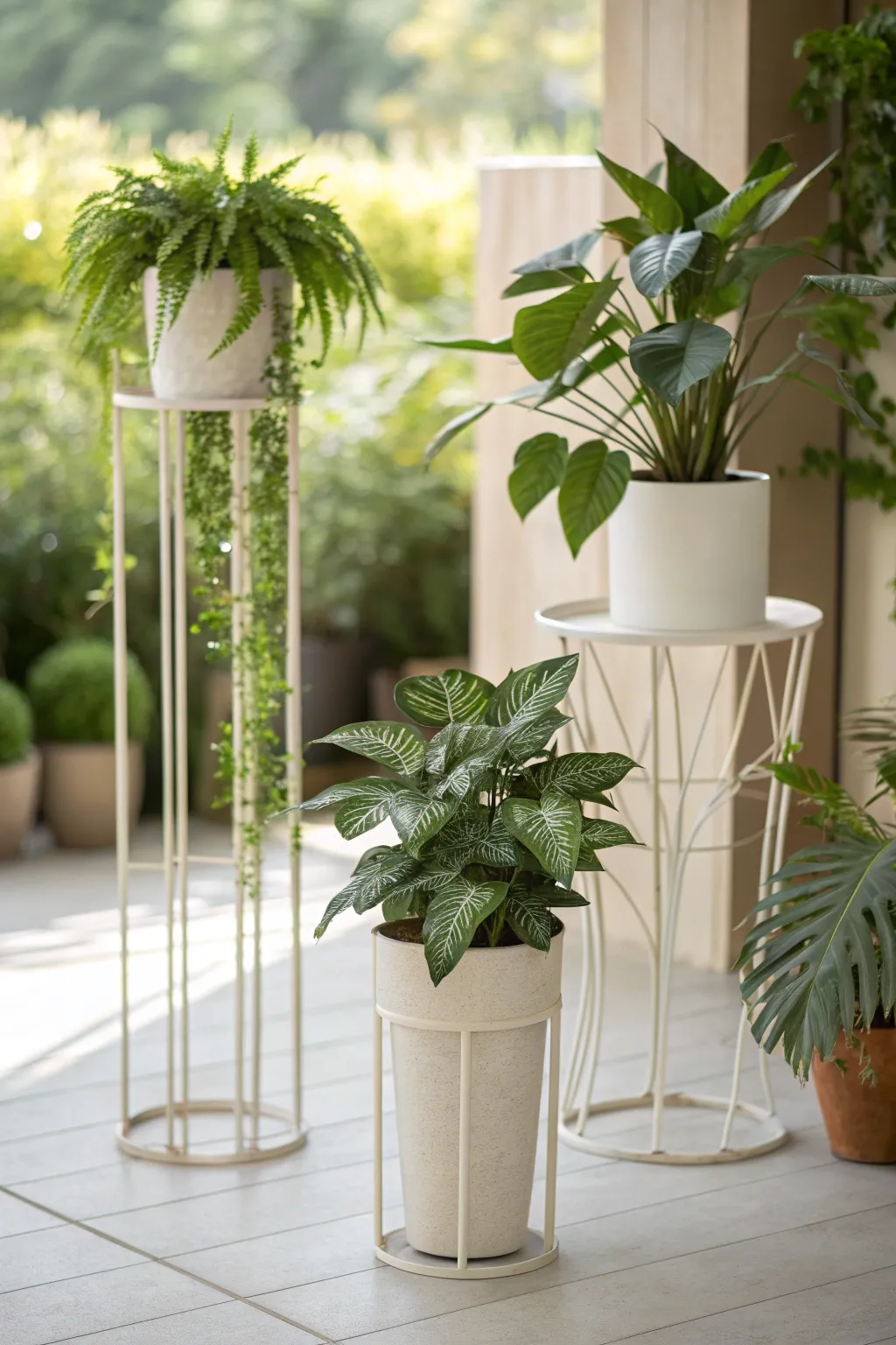 Plant stands displaying various indoor plants in a layered arrangement.