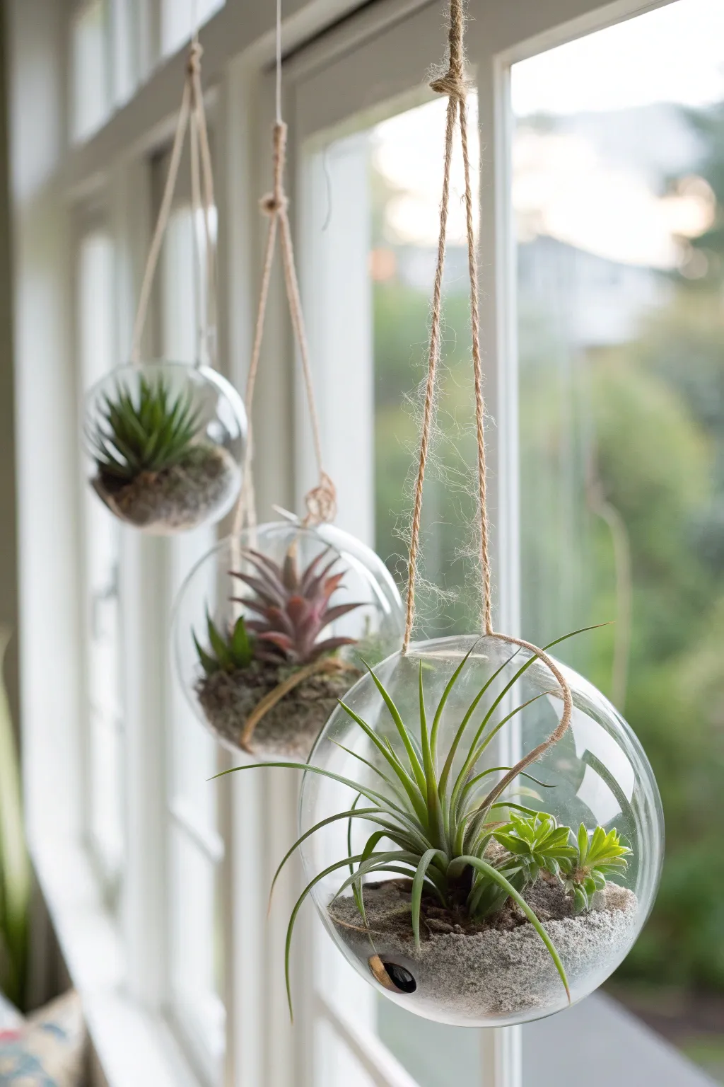 Spherical hanging planters filled with air plants against a bright window.