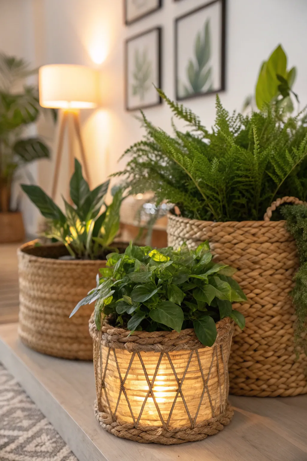 Natural fiber baskets filled with greenery in a cozy indoor setting.