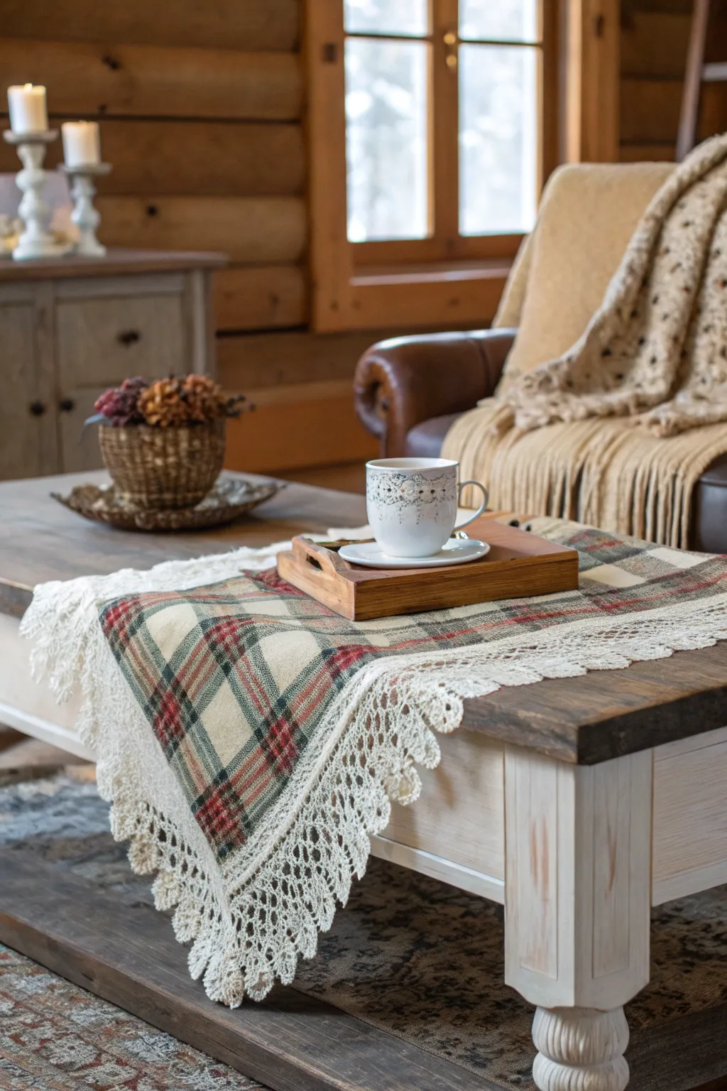 Layered farmhouse textiles on a coffee table with warm lighting.