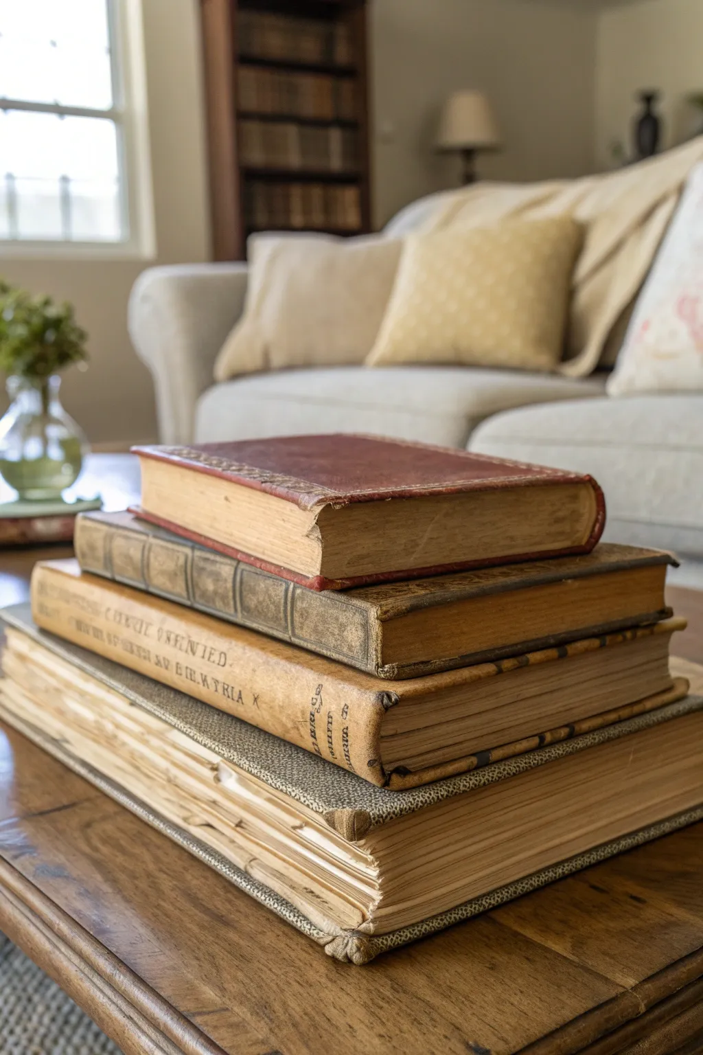 Stack of vintage books on a coffee table in a cozy setting.