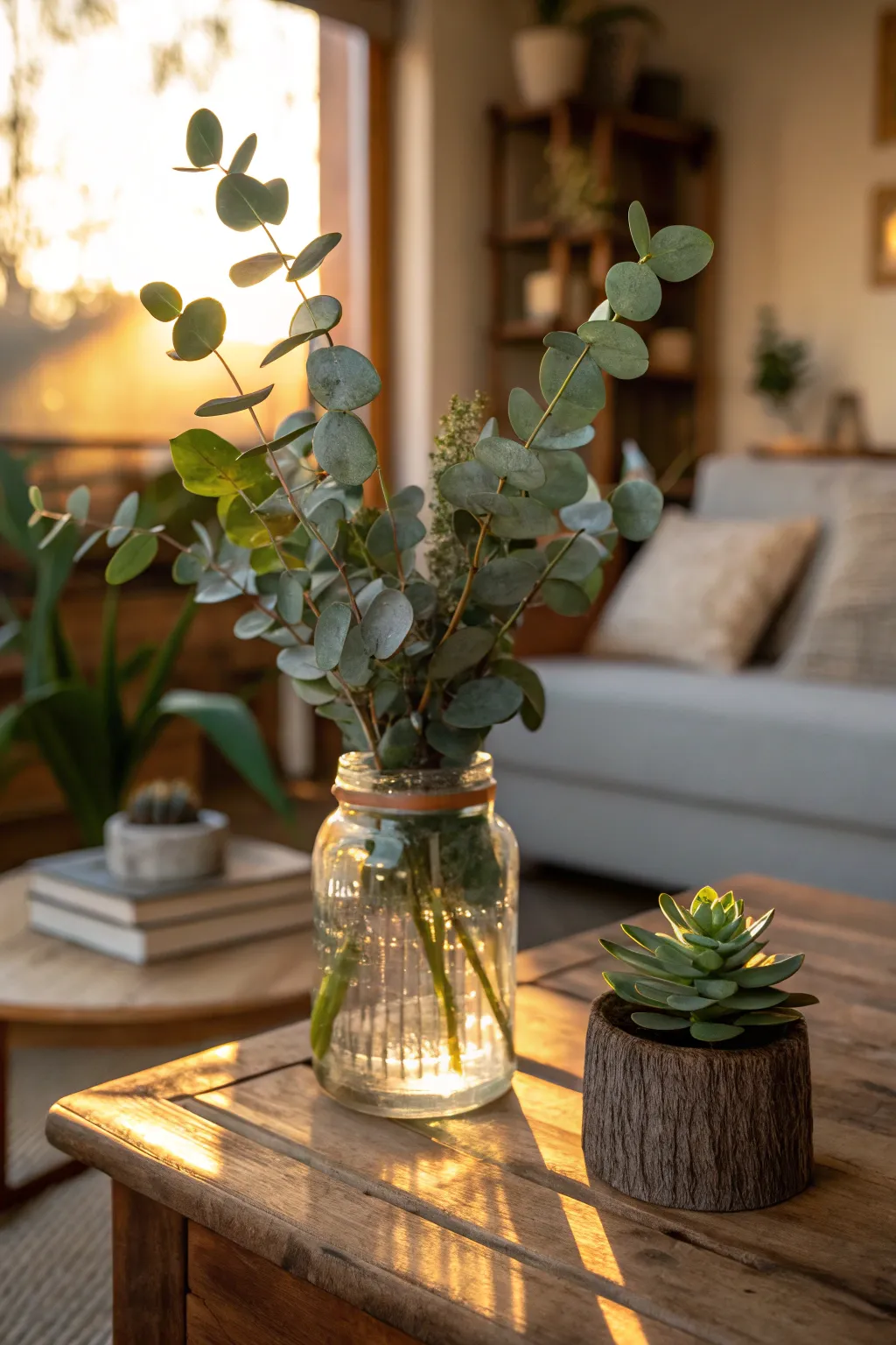 Fresh greenery in a mason jar on a coffee table.