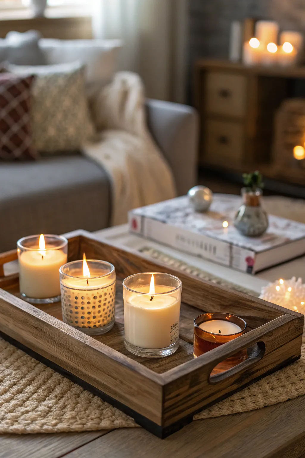 Wooden tray with candles arranged on a coffee table.
