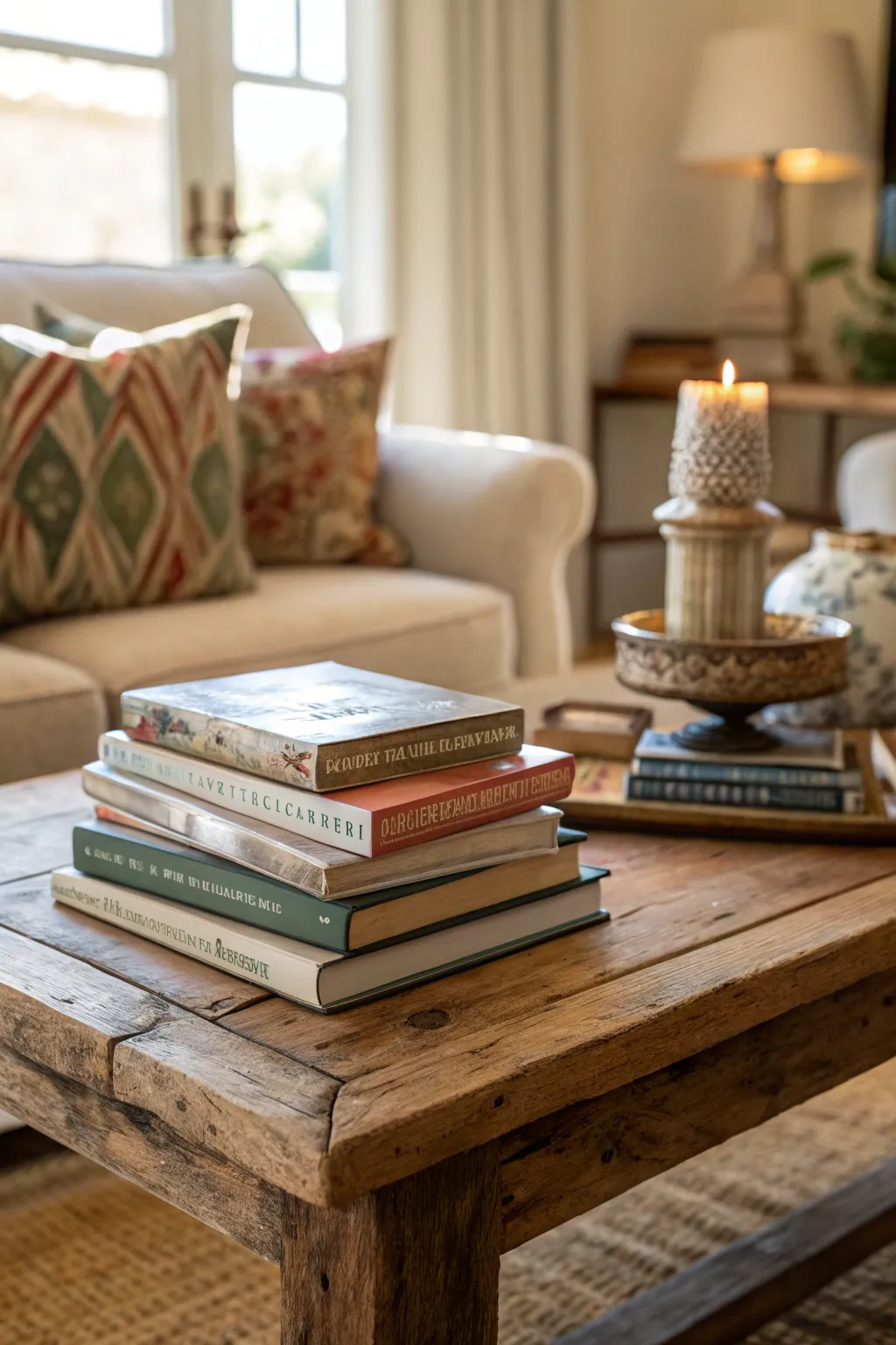 Stack of coffee table books with decorative object.