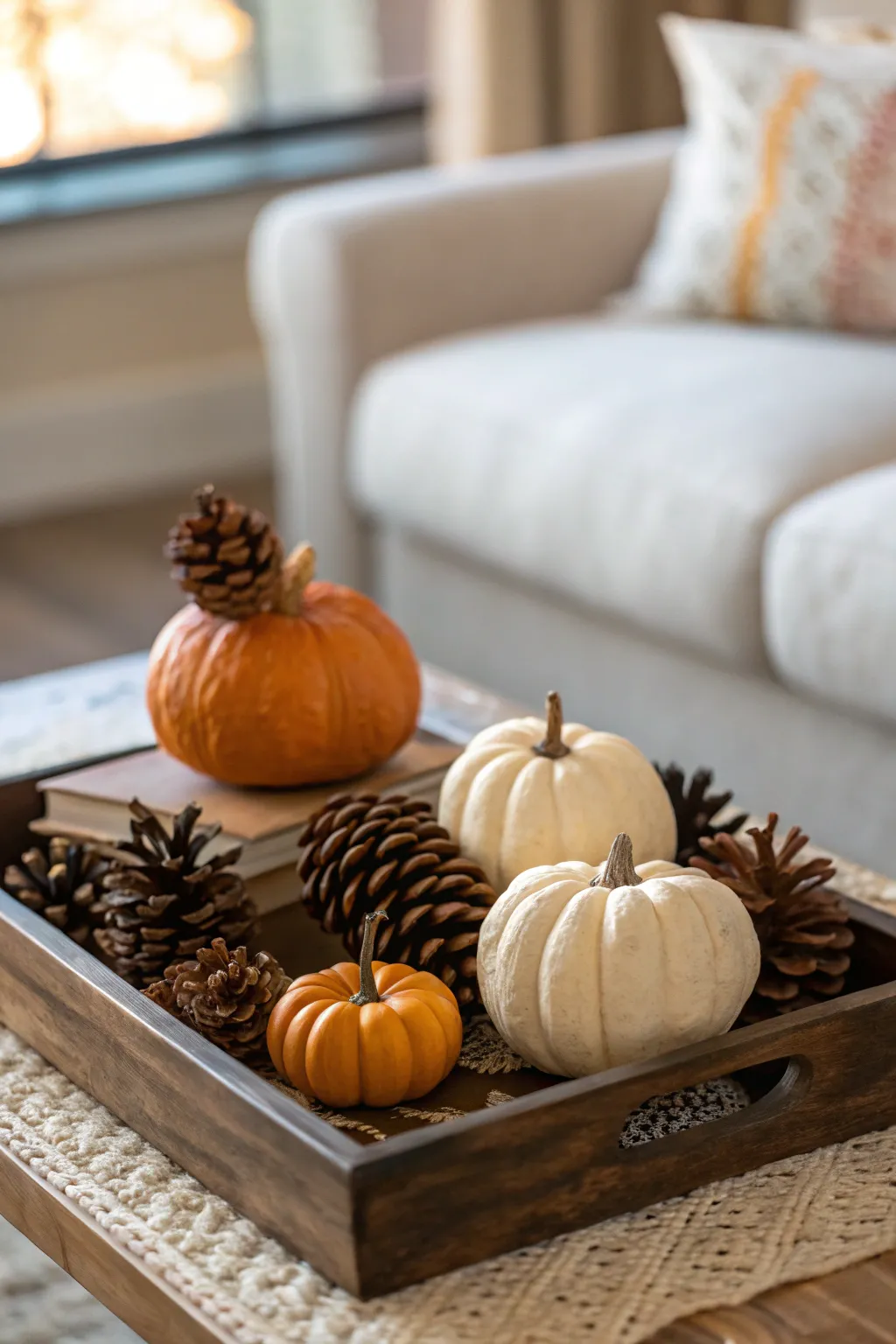 Seasonal decor on a coffee table with pumpkins and pinecones.