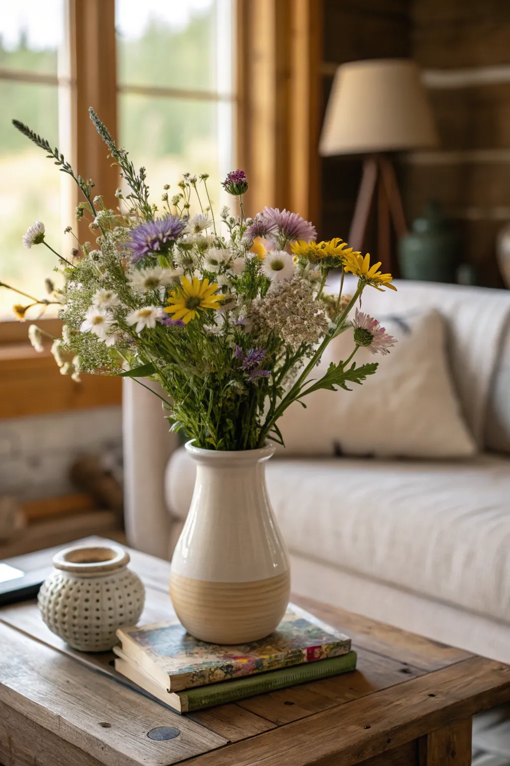 Cottage-style floral arrangement in a ceramic vase.