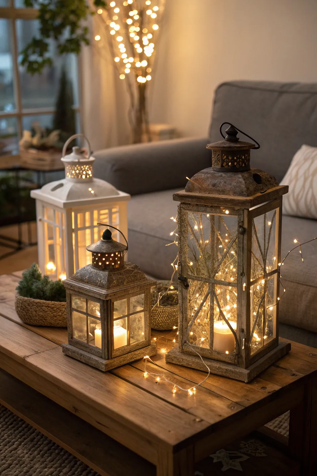 Rustic lanterns with fairy lights on a coffee table.