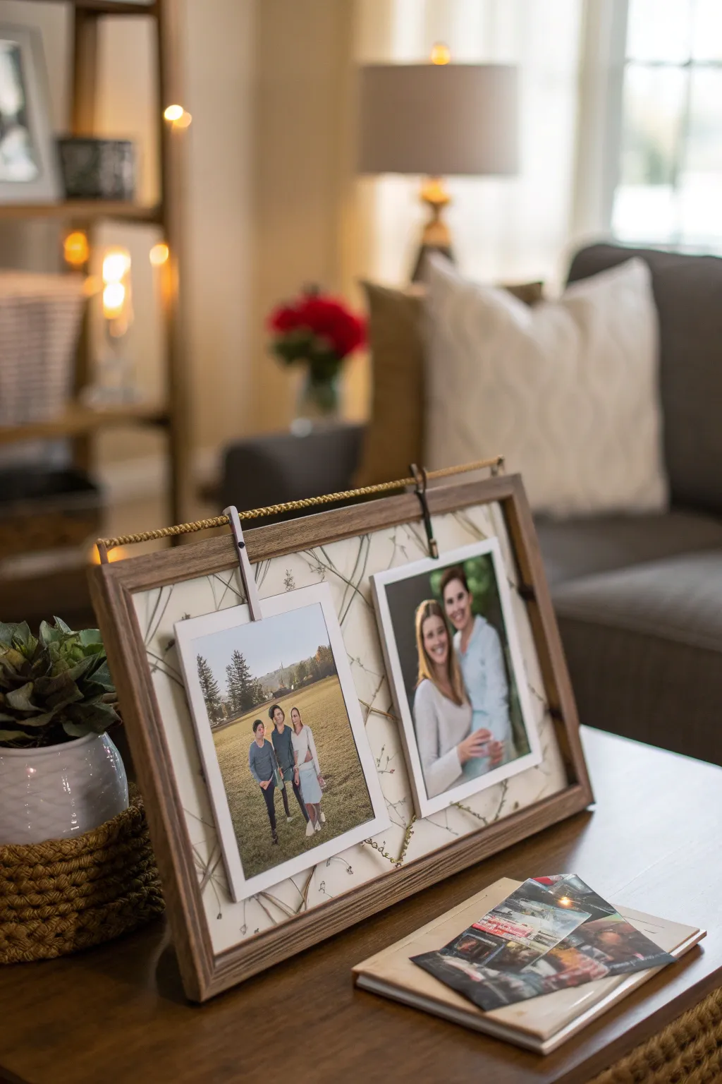 Decorative photo display on a coffee table.