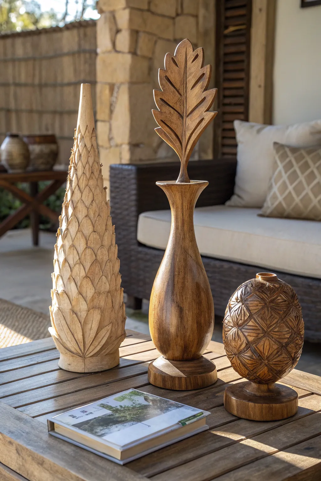 Wooden sculptures on a coffee table adding organic charm.