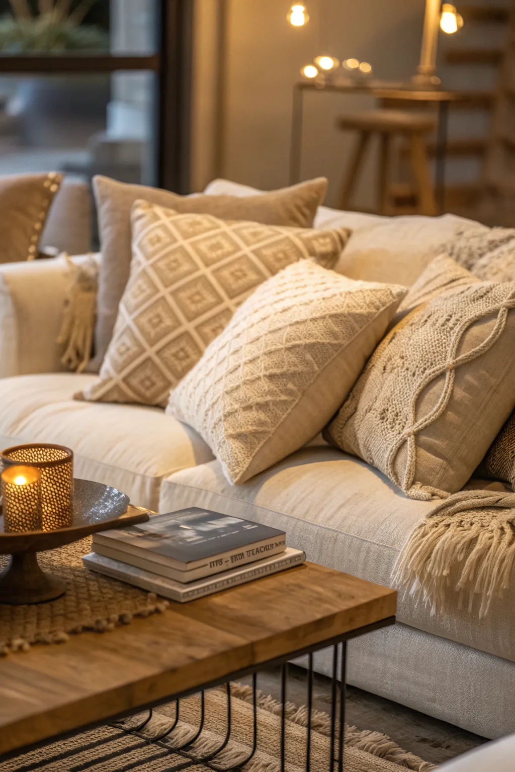 Neutral throw pillows around a coffee table.