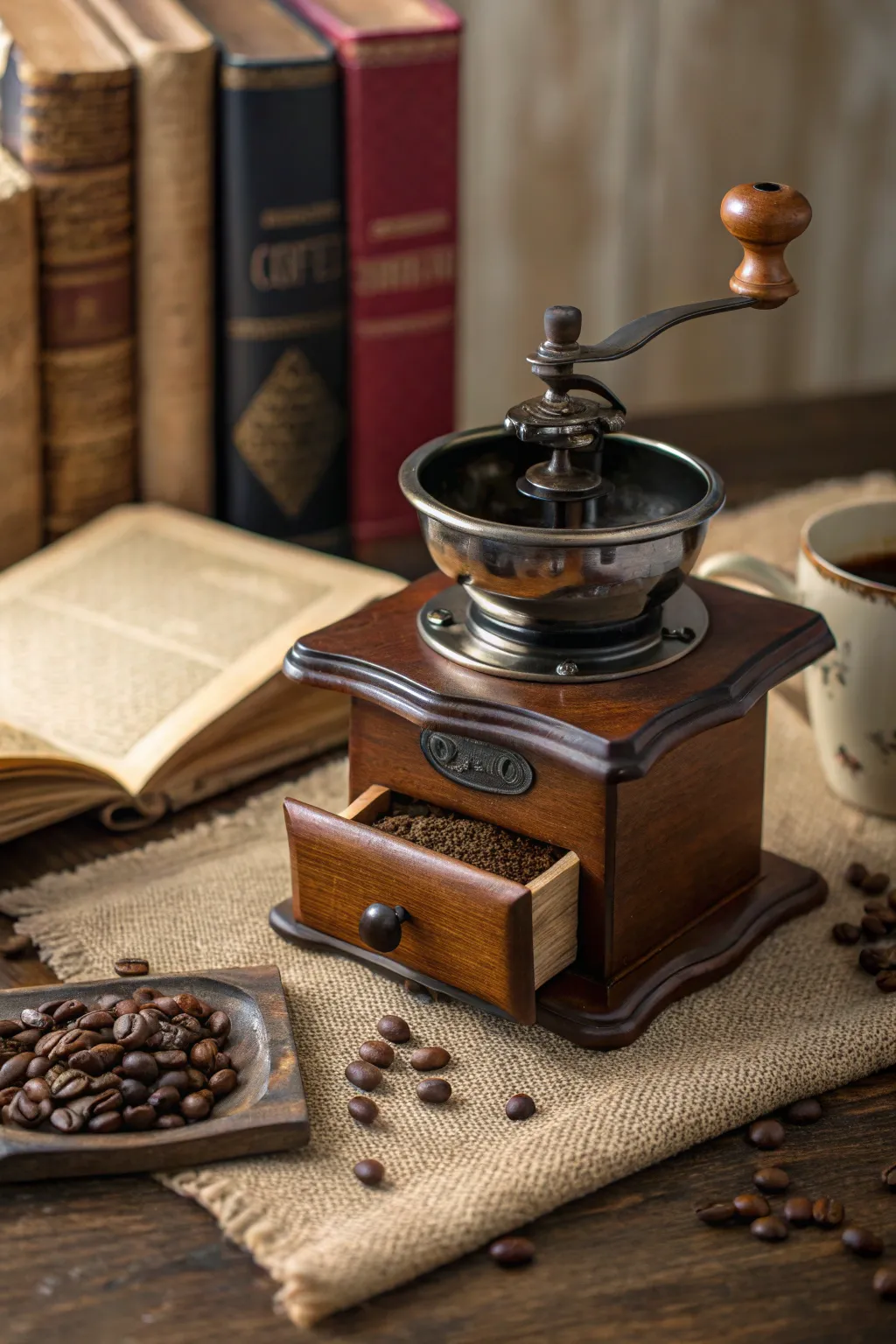 Vintage coffee grinder displayed on a coffee table.