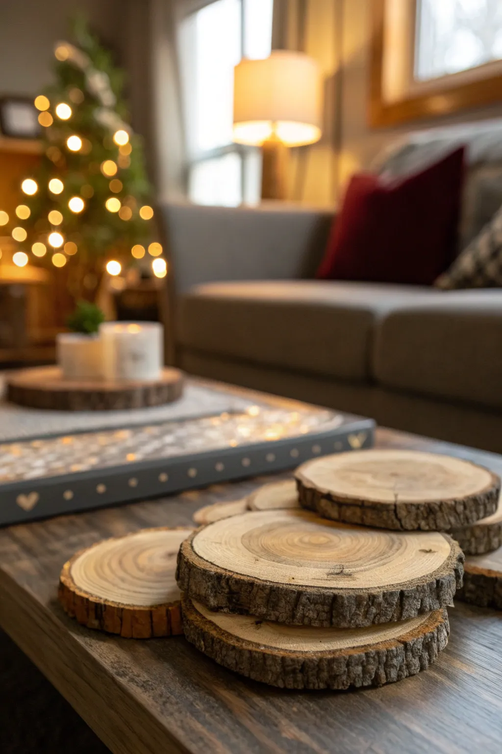 Wood slice coasters arranged on a coffee table.