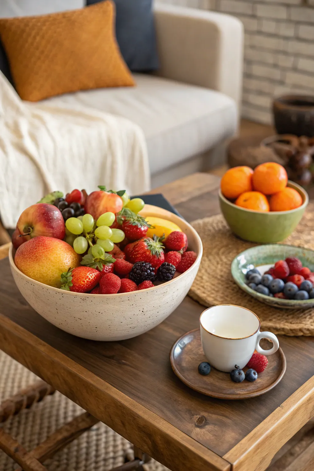 Colorful fruit bowl on a coffee table.