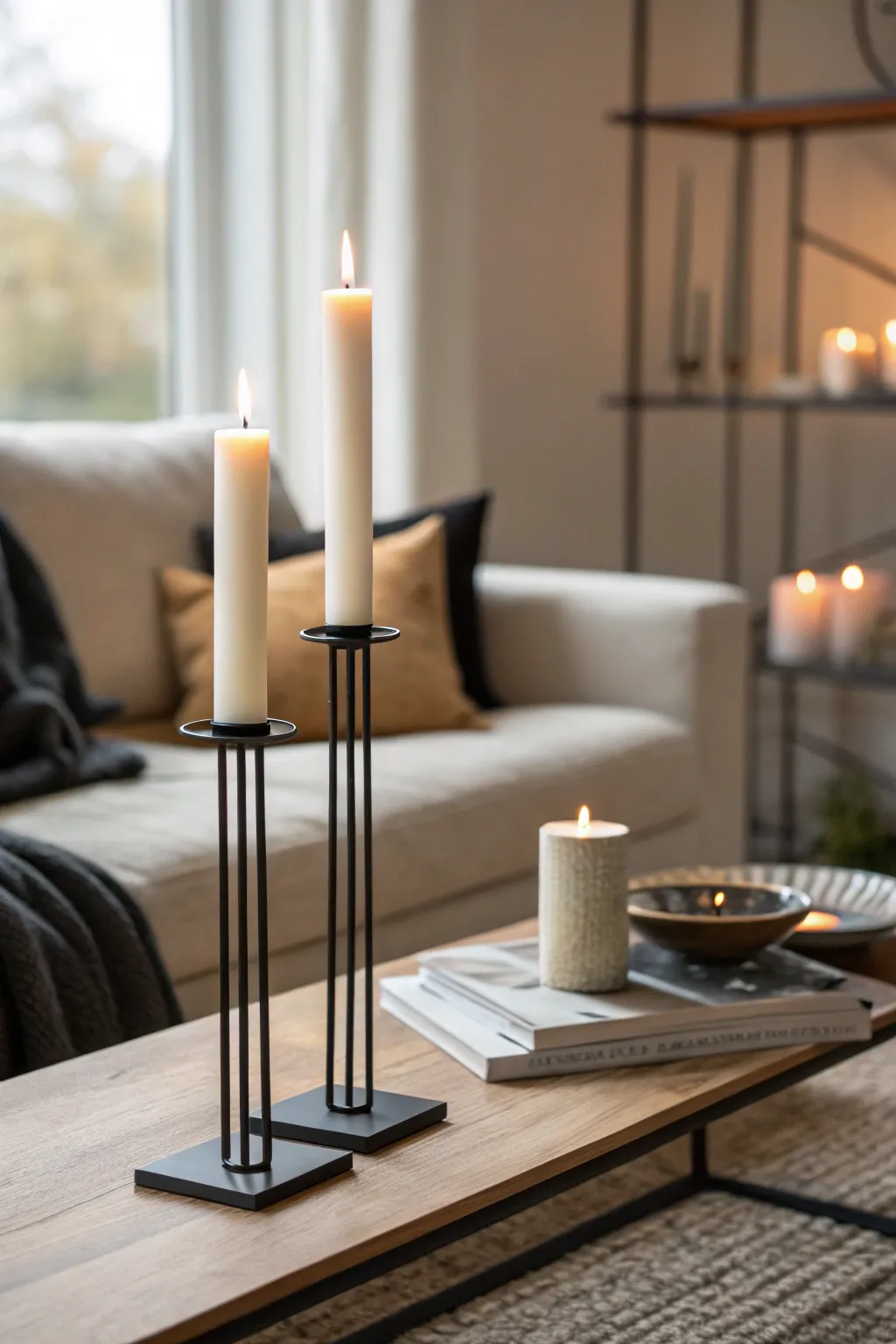 Minimalist candle holders on a coffee table.