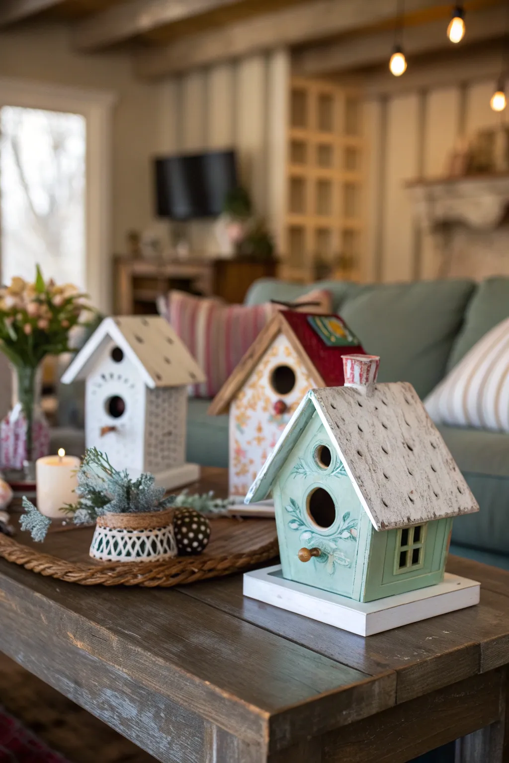 Decorative birdhouses on a coffee table.