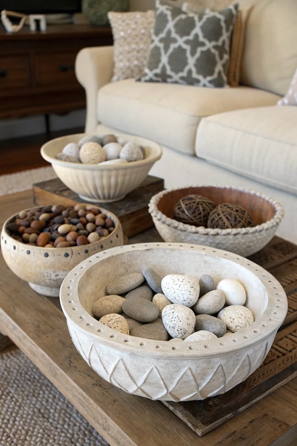 Decorative bowls on a coffee table with stones.