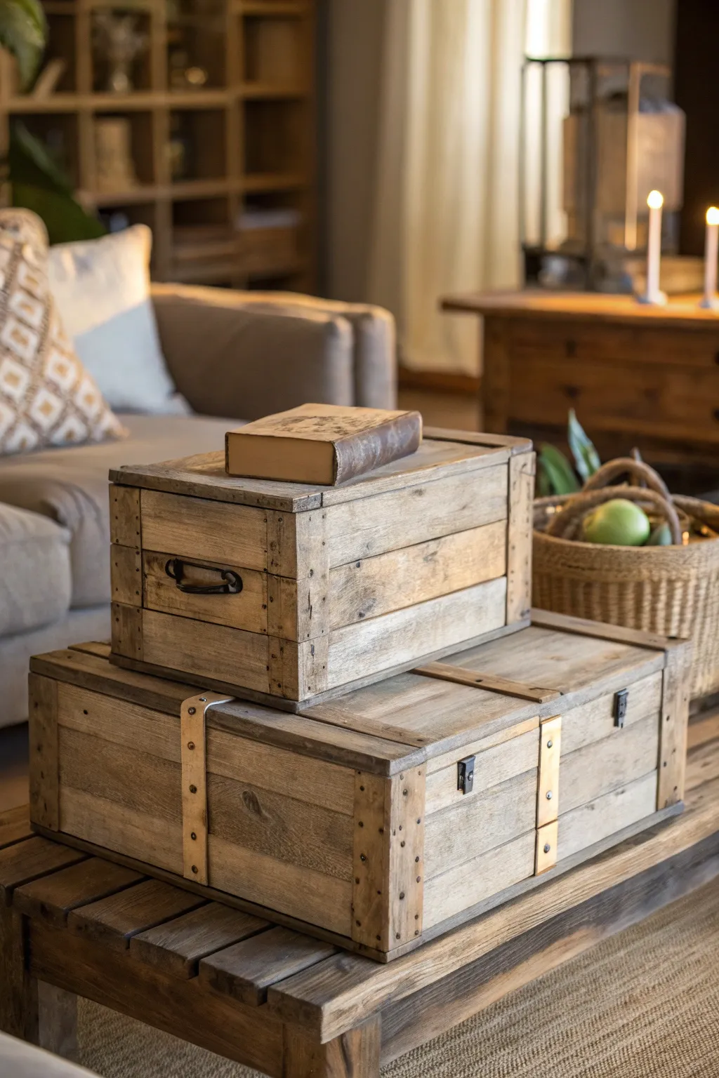 Rustic wooden boxes on a coffee table for storage.