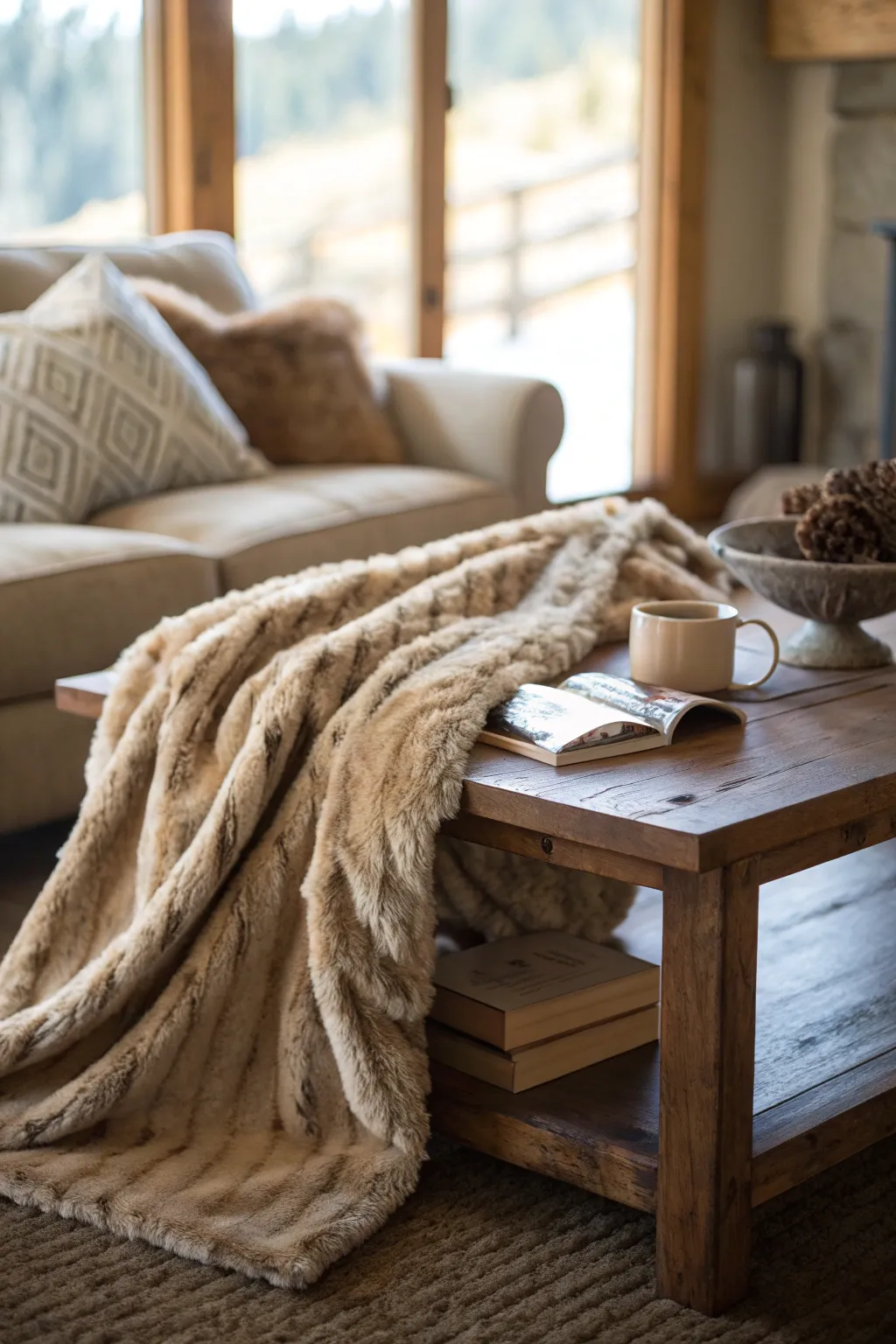 Faux fur throw blanket on a coffee table.