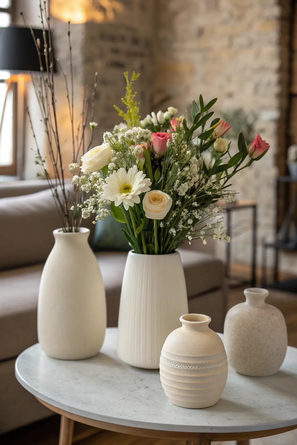 Simple ceramic vases with flowers on a coffee table.