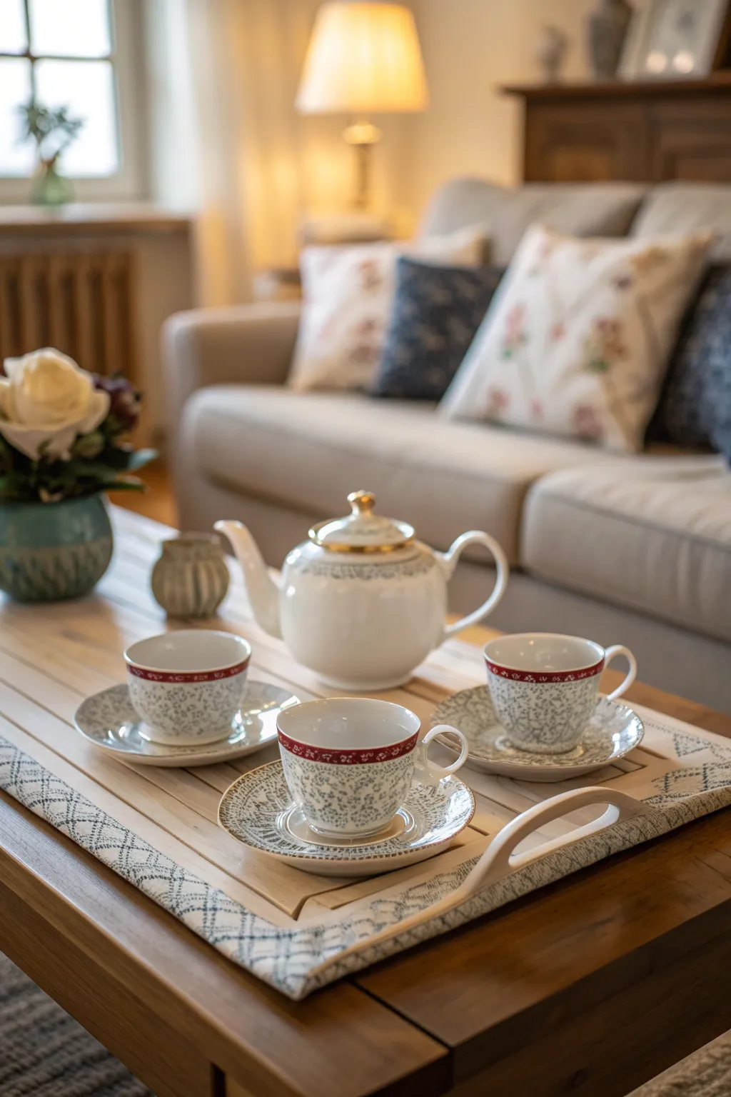 Cottage-style tea set displayed on a coffee table.