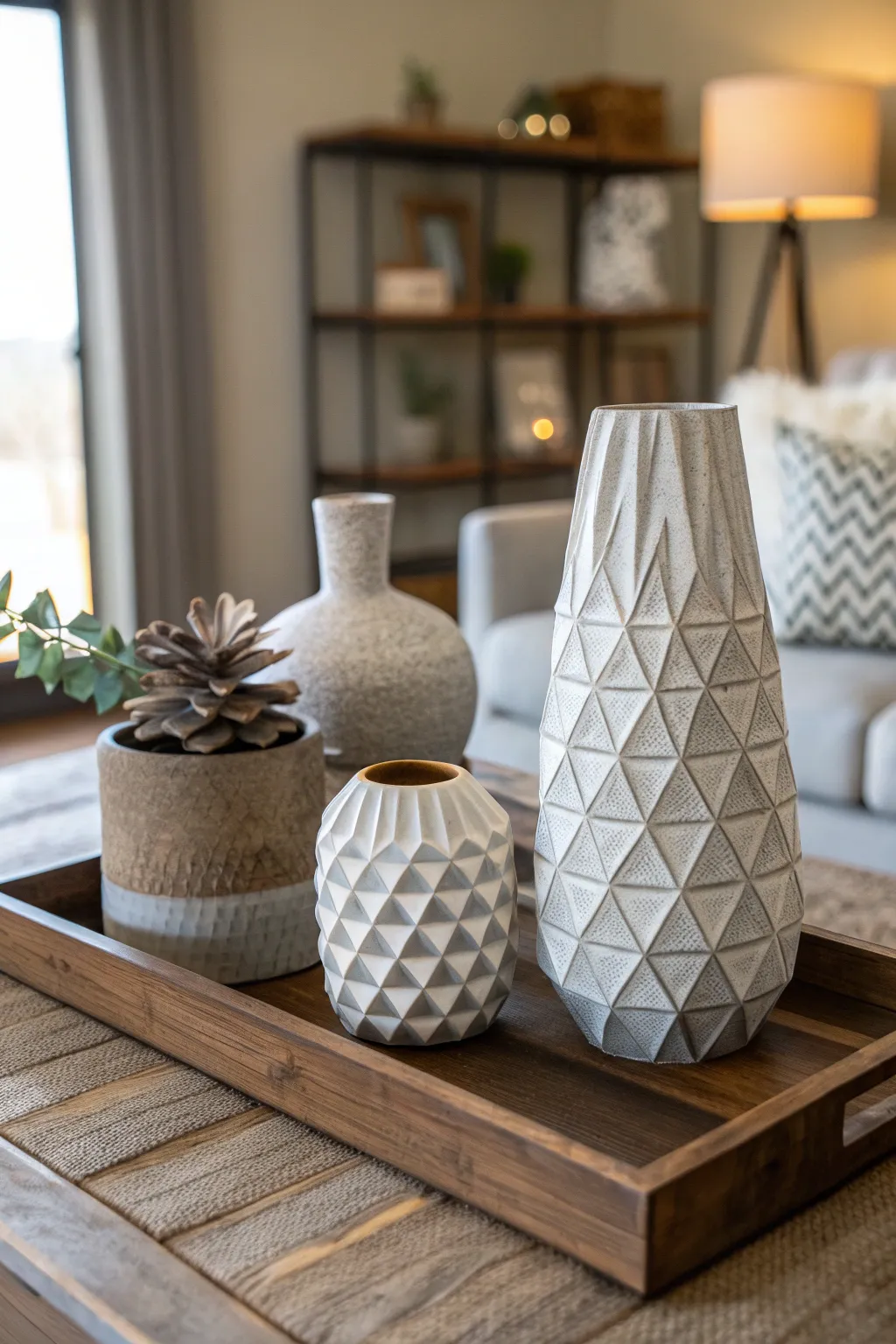 Modern farmhouse decor accents on a coffee table.