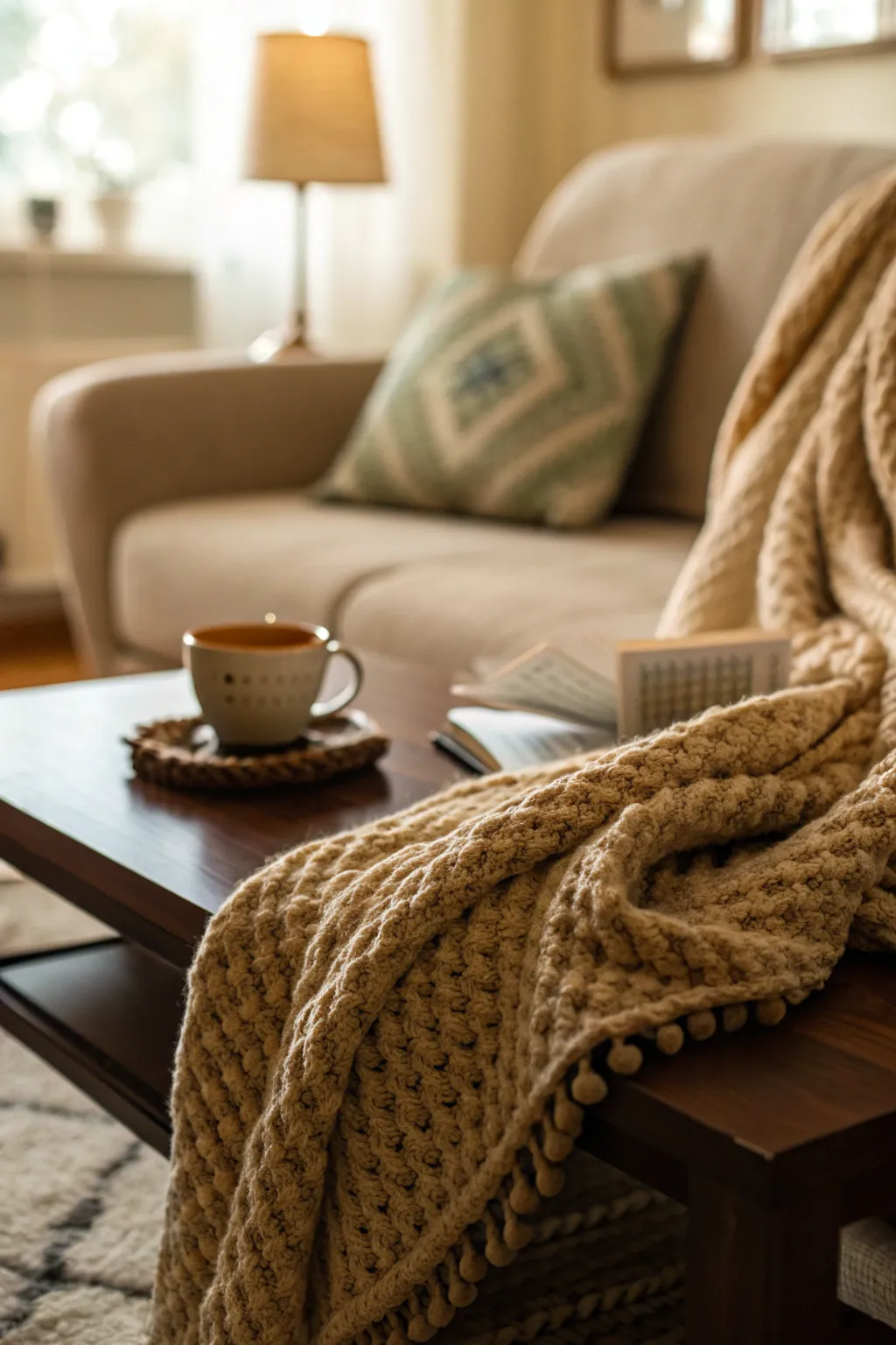 A cozy knitted blanket draped over a coffee table in a warm living room.