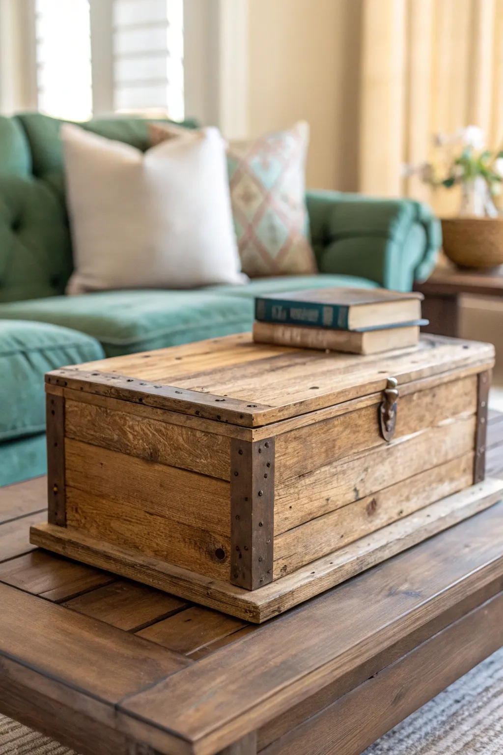A weathered rustic wooden box placed on a coffee table in a cozy living room.
