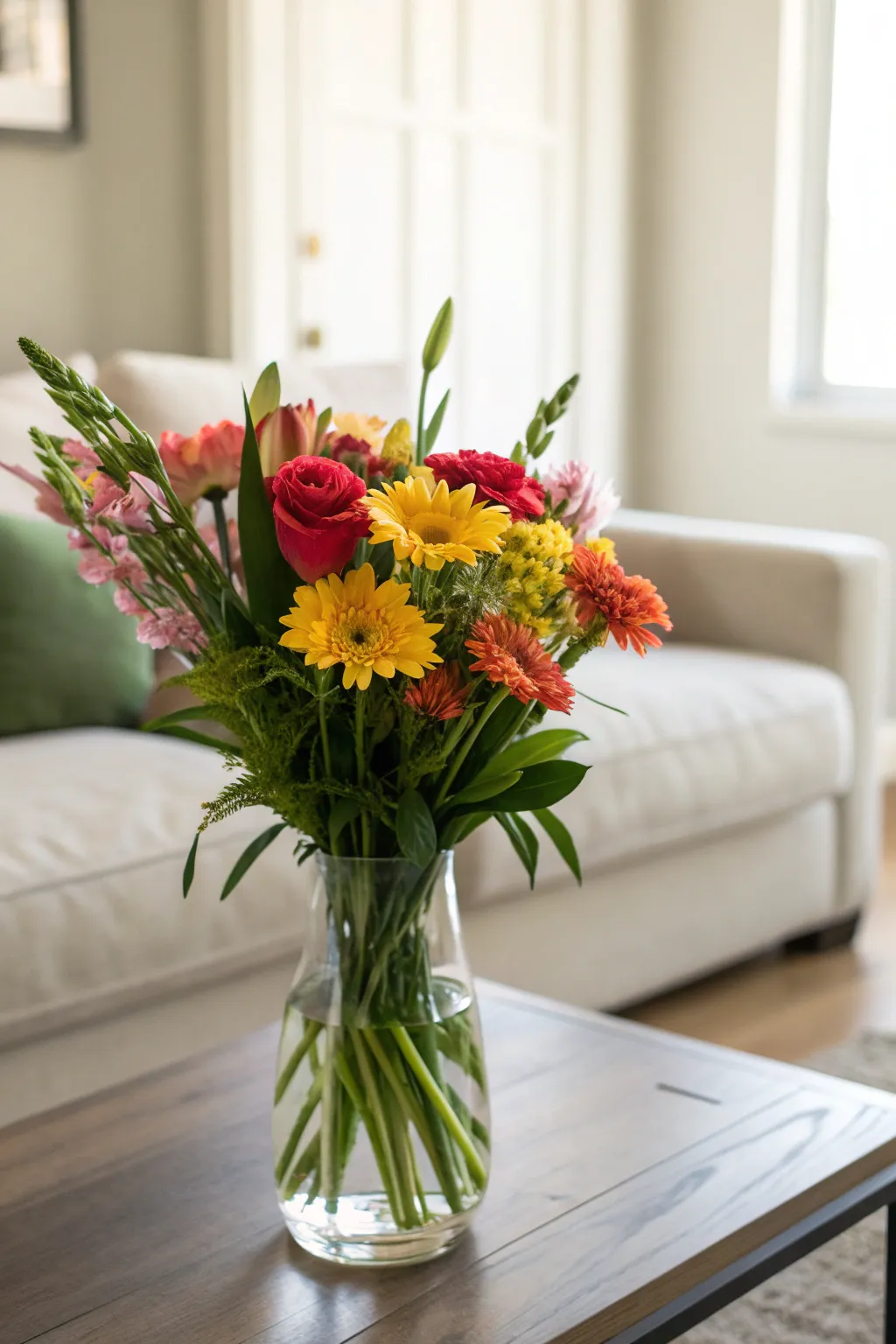 A clear vase filled with fresh flowers on a coffee table in a bright room.