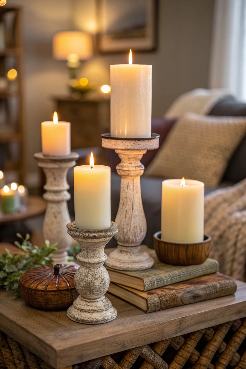 Three farmhouse-style candles in different heights on a coffee table.