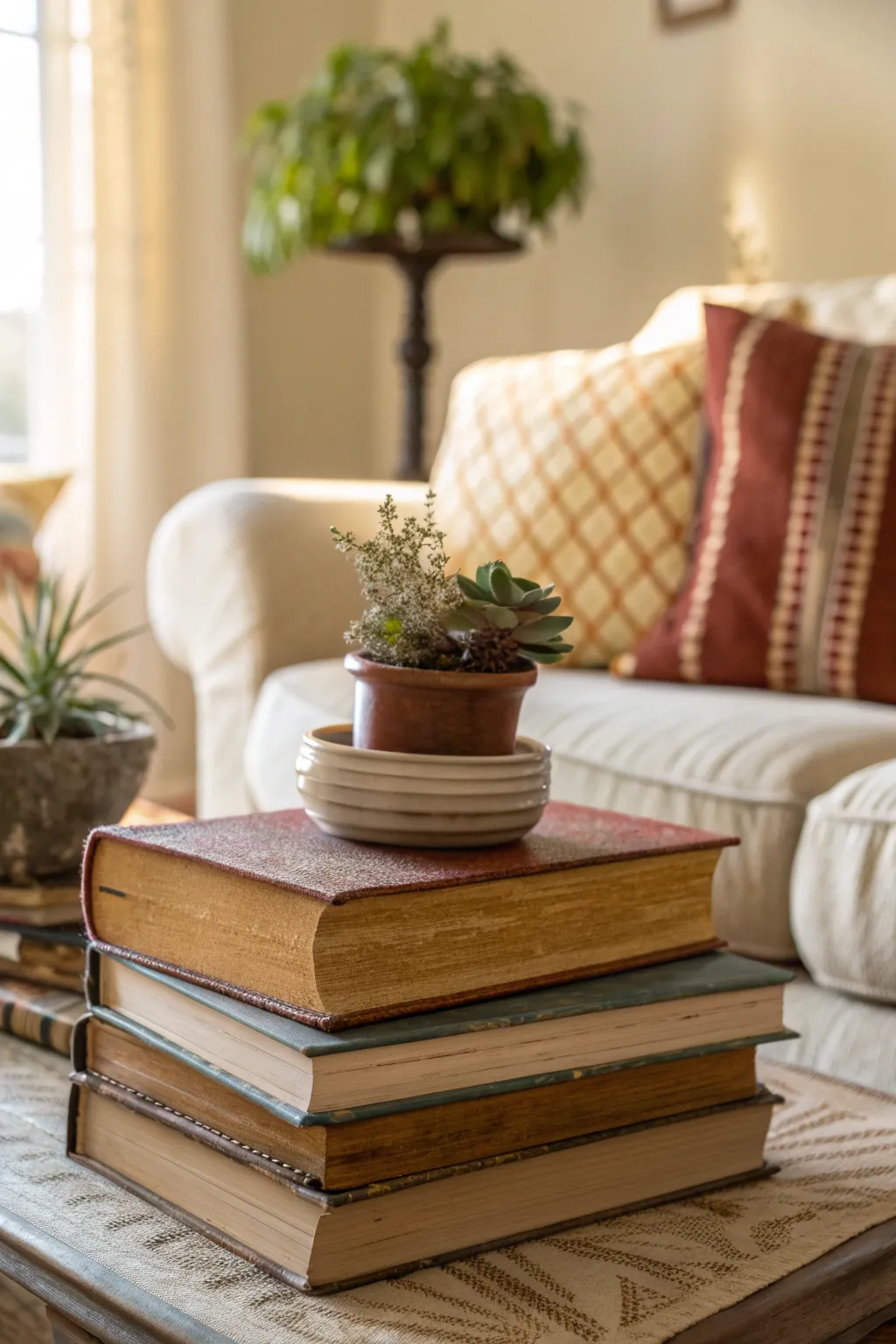 A stack of vintage books topped with a plant on a coffee table.